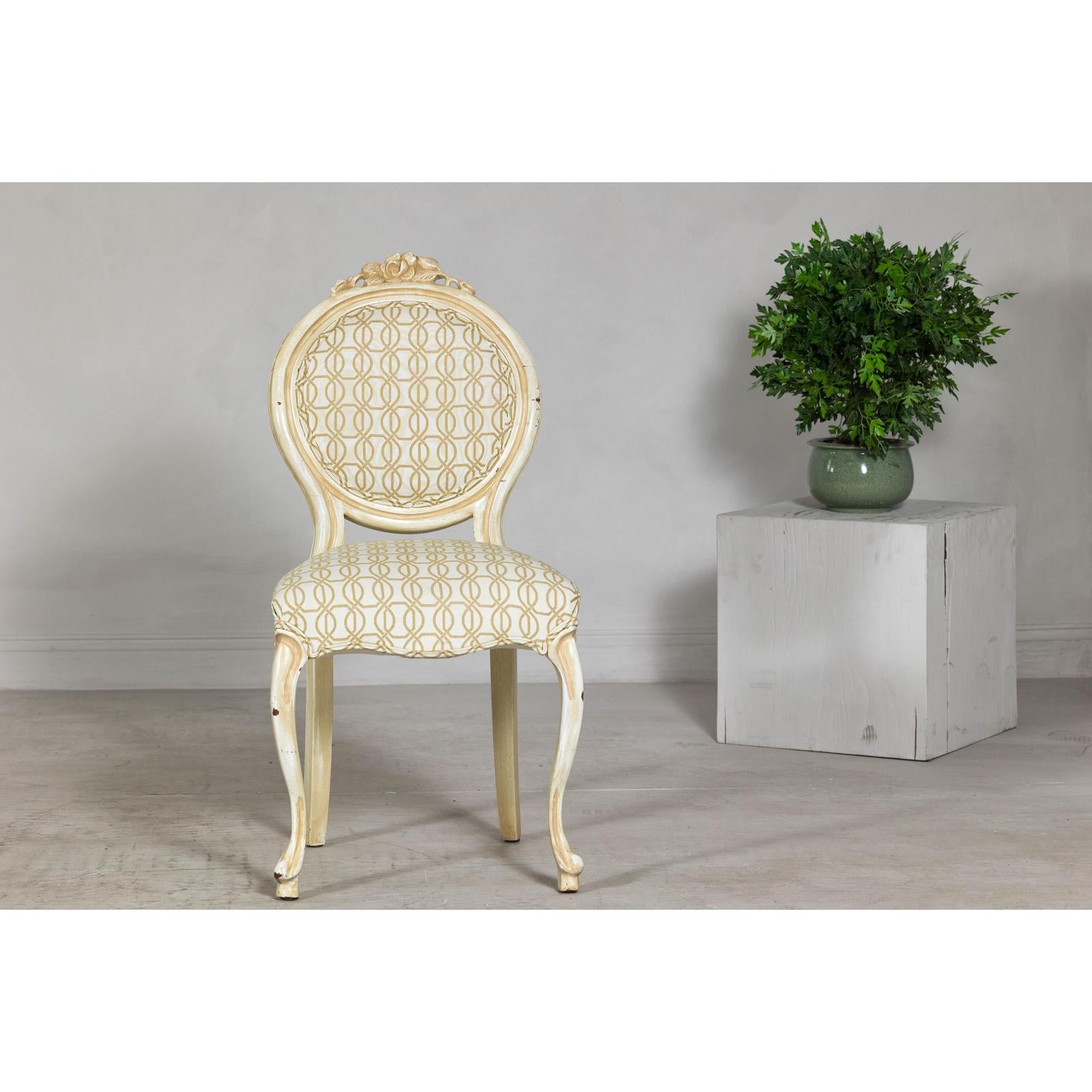 Vintage Louis XV-Style Side Chair with Floral Carving and Patterned Fabric-6. Asian &amp; Chinese Furniture, Art, Antiques, Vintage Home Décor for sale at FEA Home