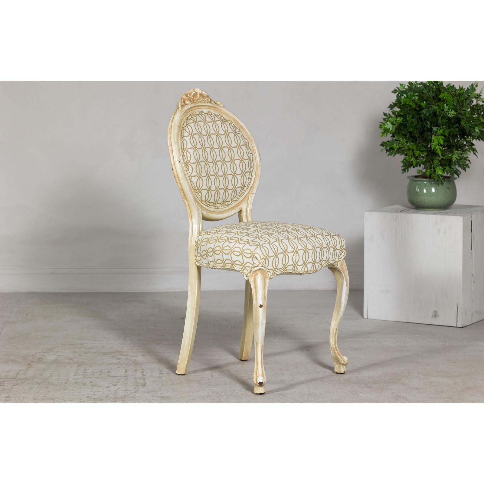 Vintage Louis XV-Style Side Chair with Floral Carving and Patterned Fabric-7. Asian &amp; Chinese Furniture, Art, Antiques, Vintage Home Décor for sale at FEA Home