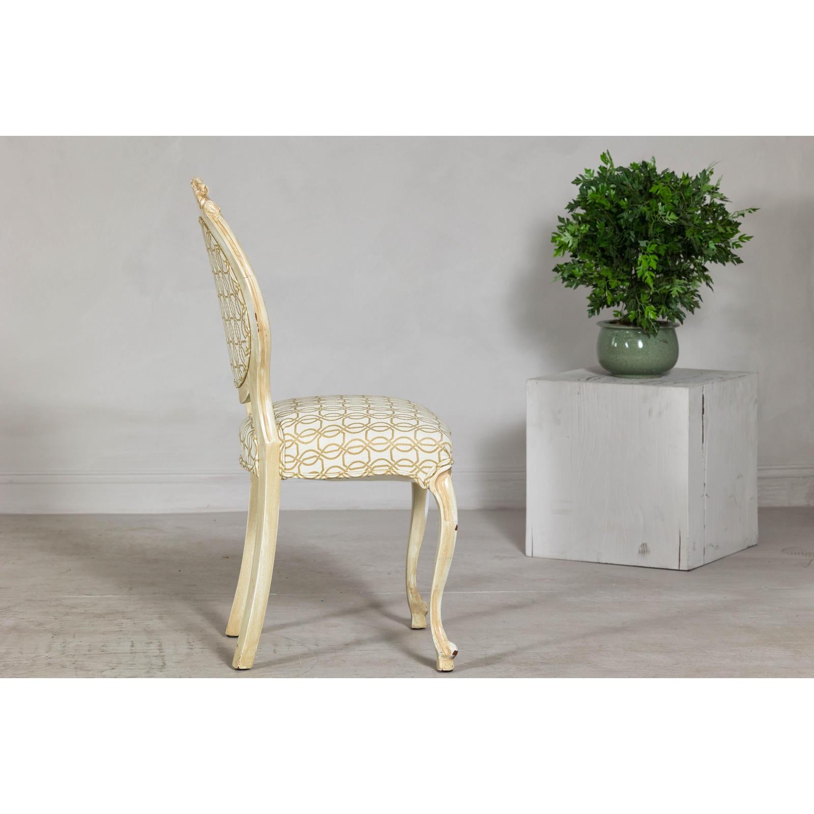 Vintage Louis XV-Style Side Chair with Floral Carving and Patterned Fabric-9. Asian &amp; Chinese Furniture, Art, Antiques, Vintage Home Décor for sale at FEA Home