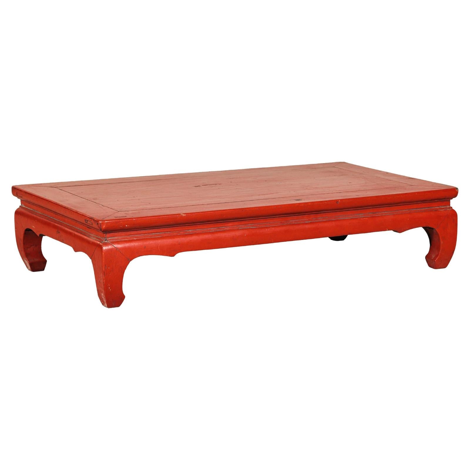 Vintage Low Red Lacquer Table with Chow Legs and Scalloped Apron-1. Asian & Chinese Furniture, Art, Antiques, Vintage Home Décor for sale at FEA Home