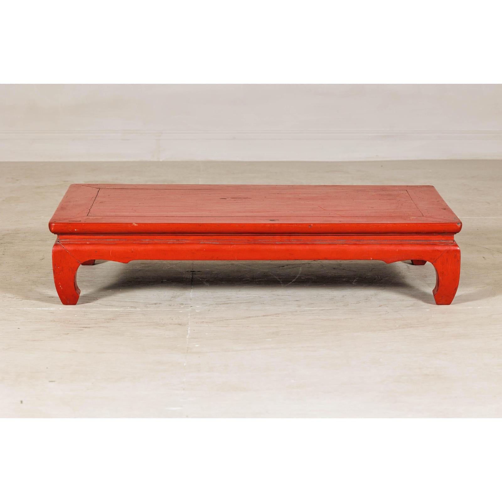 Vintage Low Red Lacquer Table with Chow Legs and Scalloped Apron-10. Asian &amp; Chinese Furniture, Art, Antiques, Vintage Home Décor for sale at FEA Home