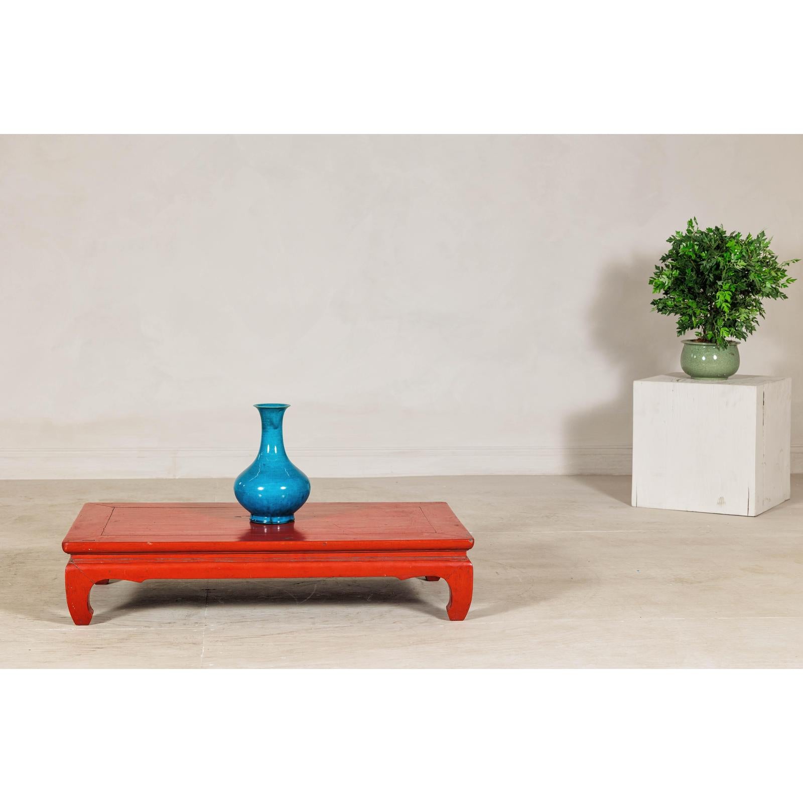 Vintage Low Red Lacquer Table with Chow Legs and Scalloped Apron-2. Asian & Chinese Furniture, Art, Antiques, Vintage Home Décor for sale at FEA Home