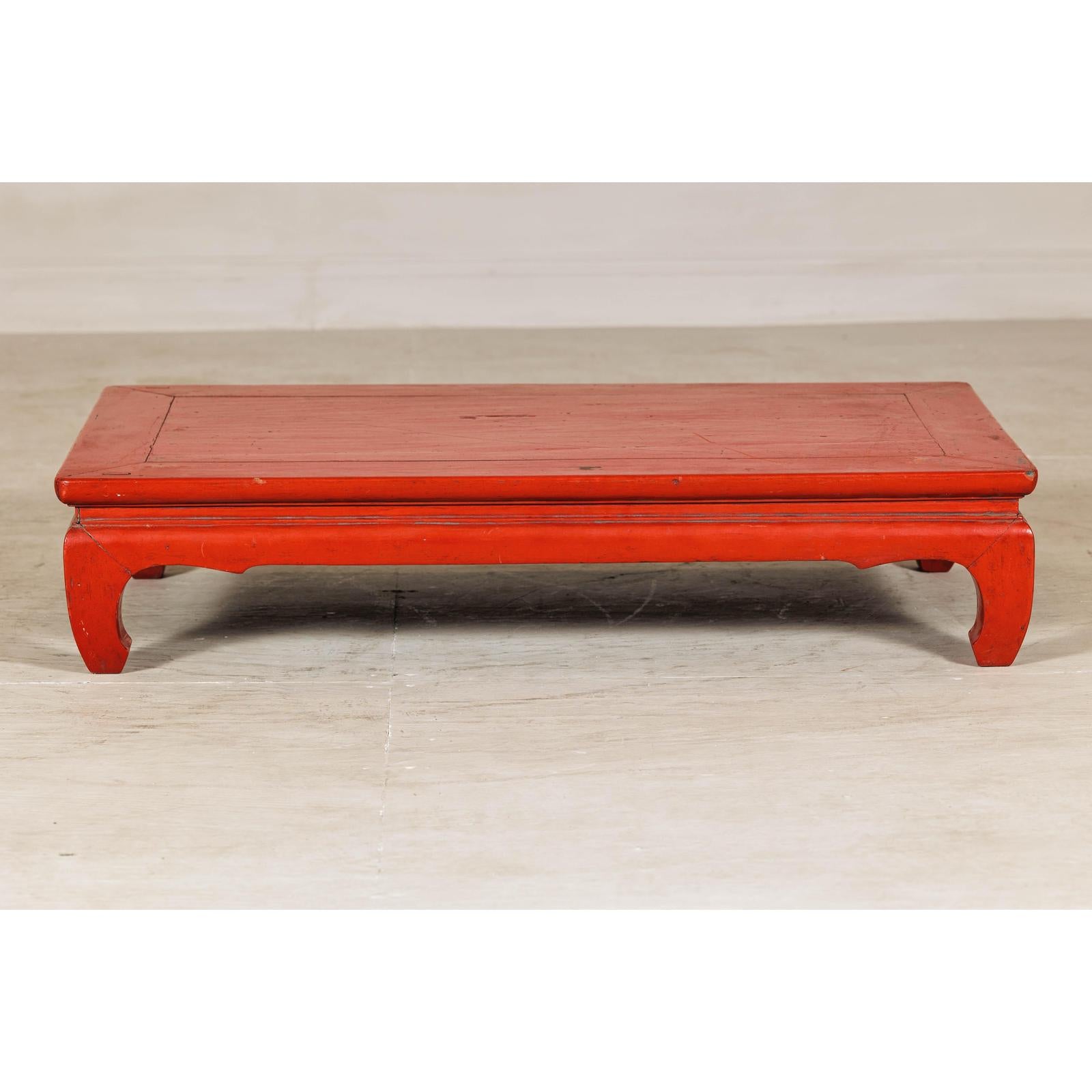 Vintage Low Red Lacquer Table with Chow Legs and Scalloped Apron-3. Asian &amp; Chinese Furniture, Art, Antiques, Vintage Home Décor for sale at FEA Home