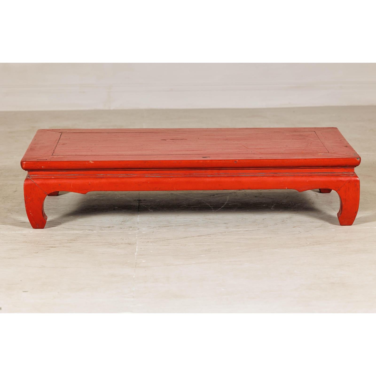 Vintage Low Red Lacquer Table with Chow Legs and Scalloped Apron-4. Asian &amp; Chinese Furniture, Art, Antiques, Vintage Home Décor for sale at FEA Home