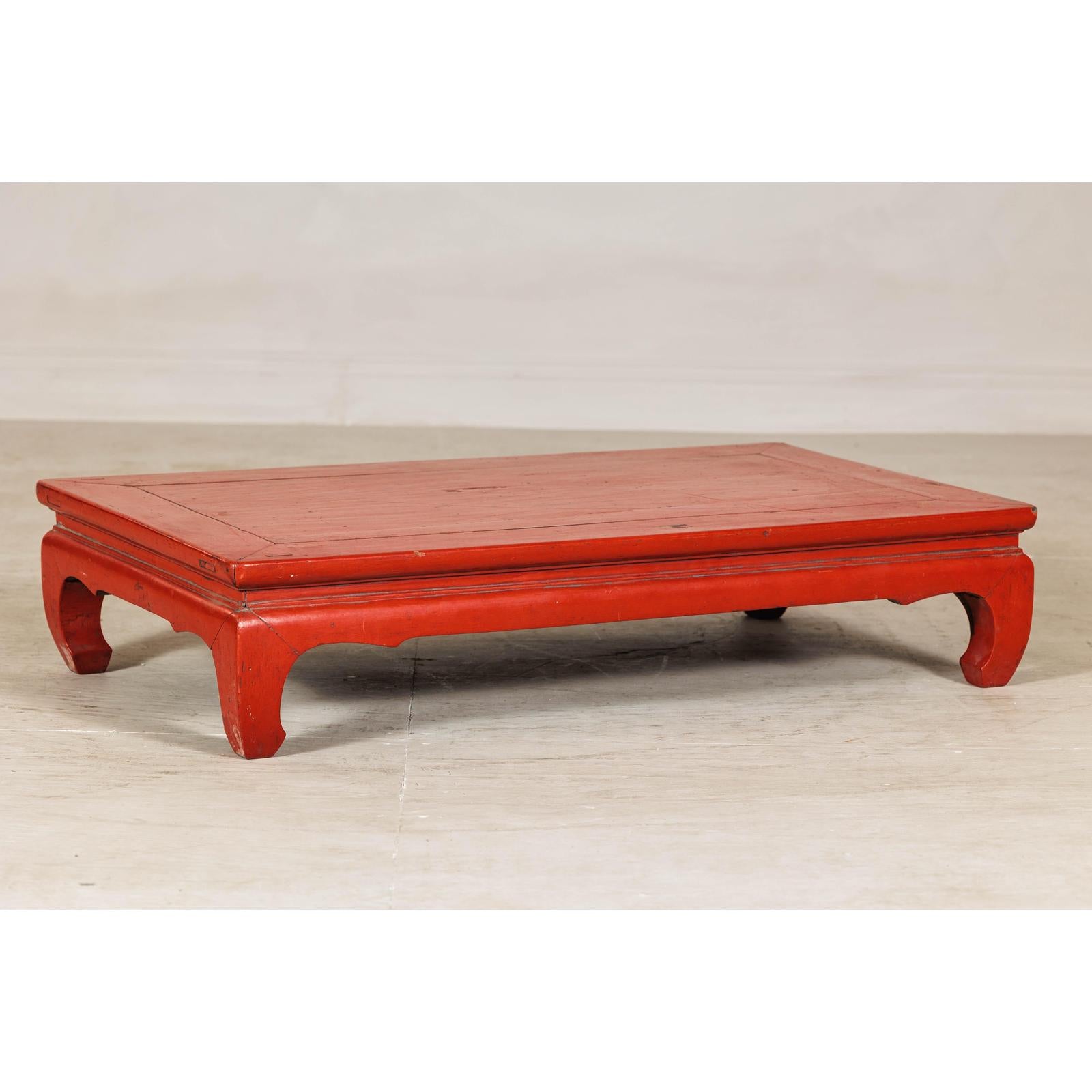 Vintage Low Red Lacquer Table with Chow Legs and Scalloped Apron-5. Asian &amp; Chinese Furniture, Art, Antiques, Vintage Home Décor for sale at FEA Home