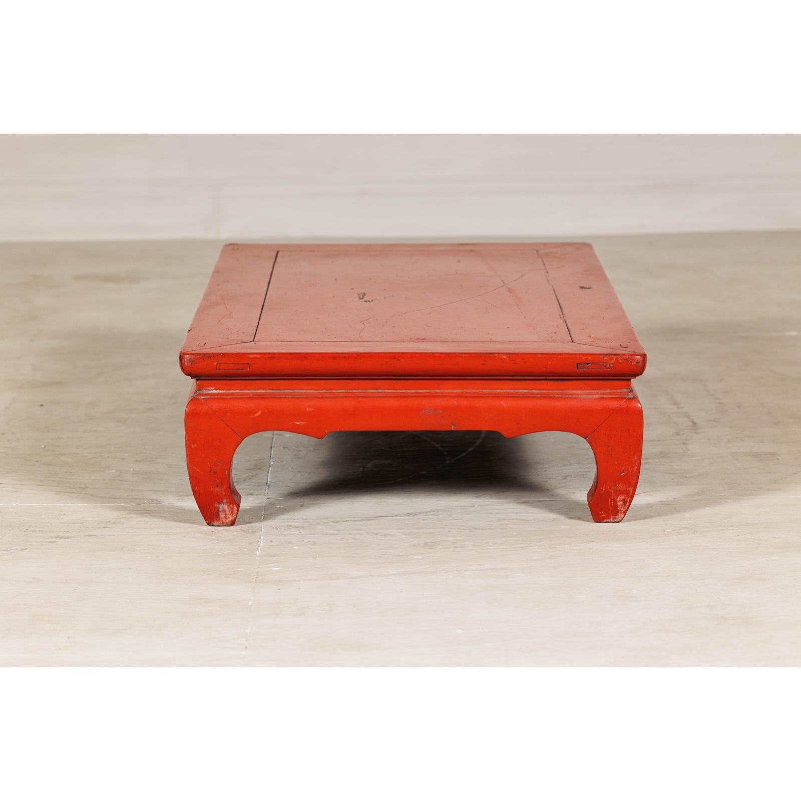 Vintage Low Red Lacquer Table with Chow Legs and Scalloped Apron-6. Asian &amp; Chinese Furniture, Art, Antiques, Vintage Home Décor for sale at FEA Home
