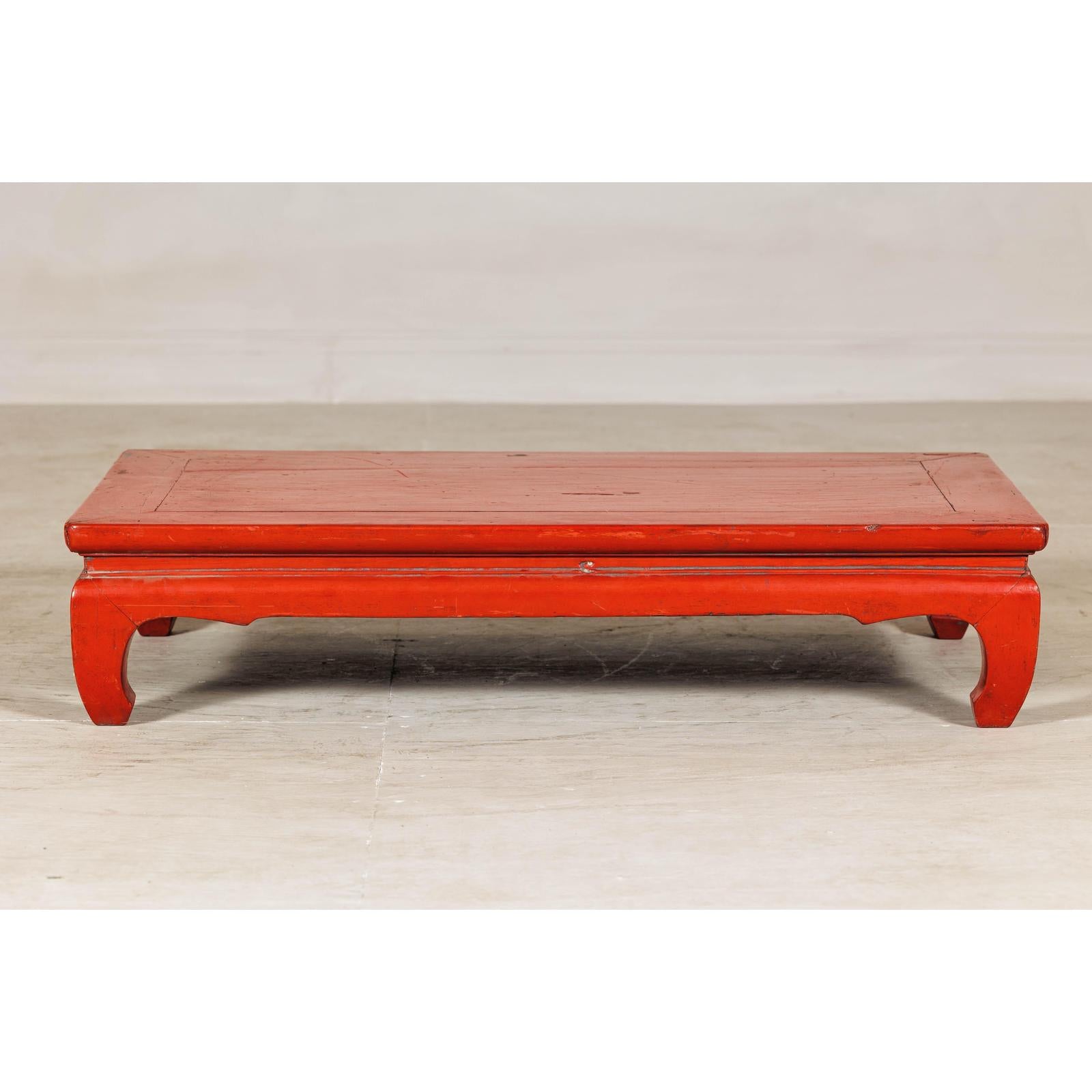 Vintage Low Red Lacquer Table with Chow Legs and Scalloped Apron-7. Asian &amp; Chinese Furniture, Art, Antiques, Vintage Home Décor for sale at FEA Home