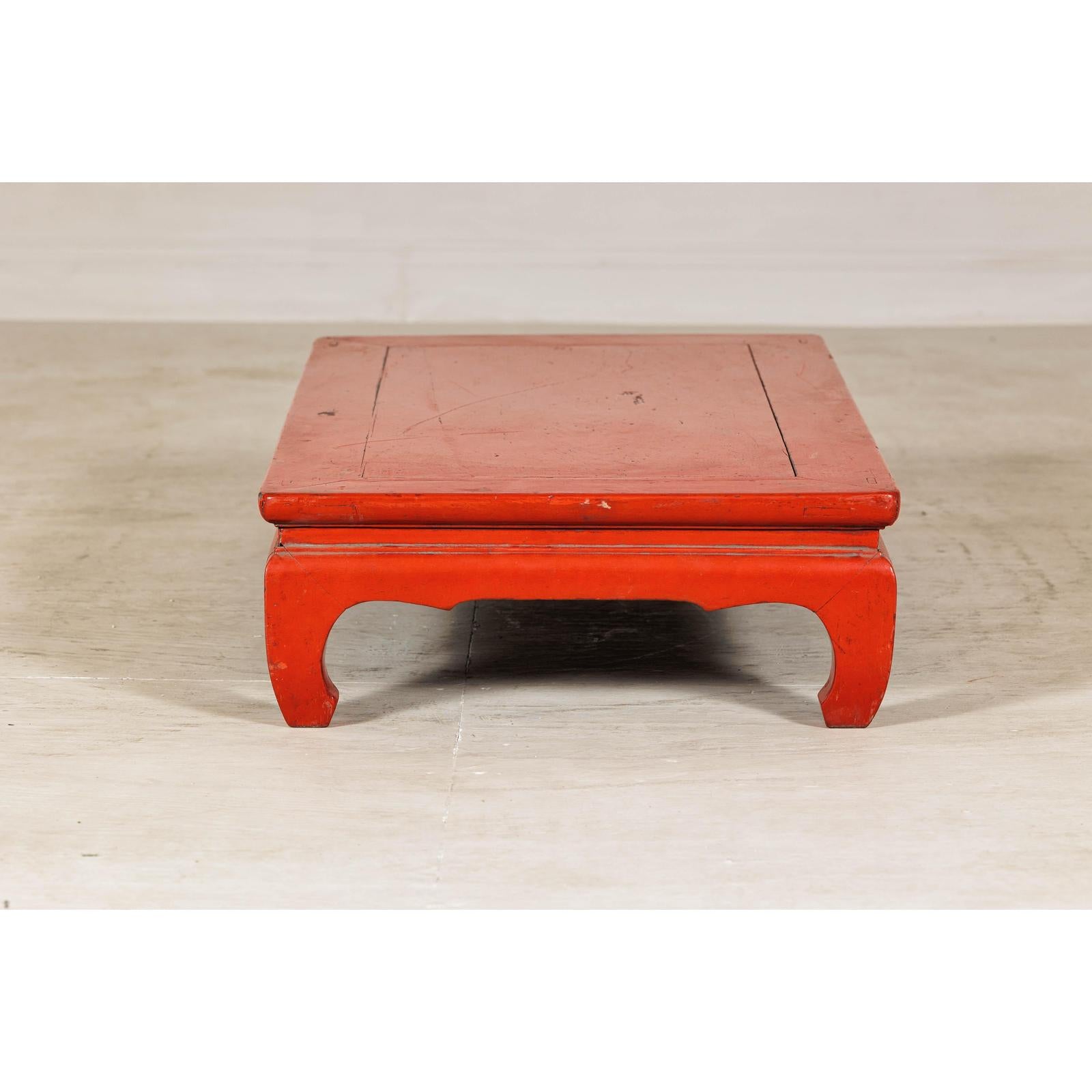 Vintage Low Red Lacquer Table with Chow Legs and Scalloped Apron-8. Asian &amp; Chinese Furniture, Art, Antiques, Vintage Home Décor for sale at FEA Home