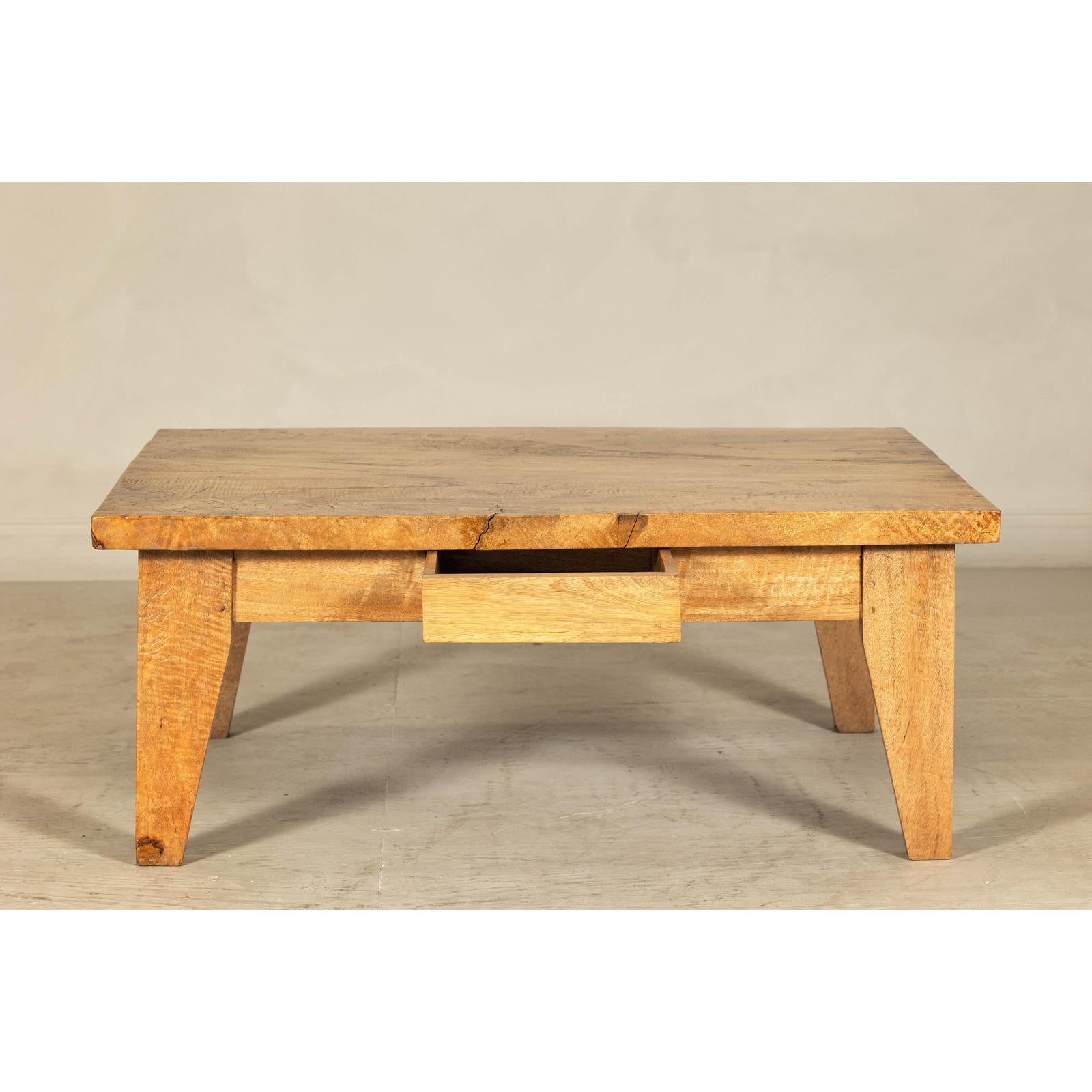 Vintage Mango Wood Coffee Table with Drawer and Tapered Legs-11. Asian &amp; Chinese Furniture, Art, Antiques, Vintage Home Décor for sale at FEA Home