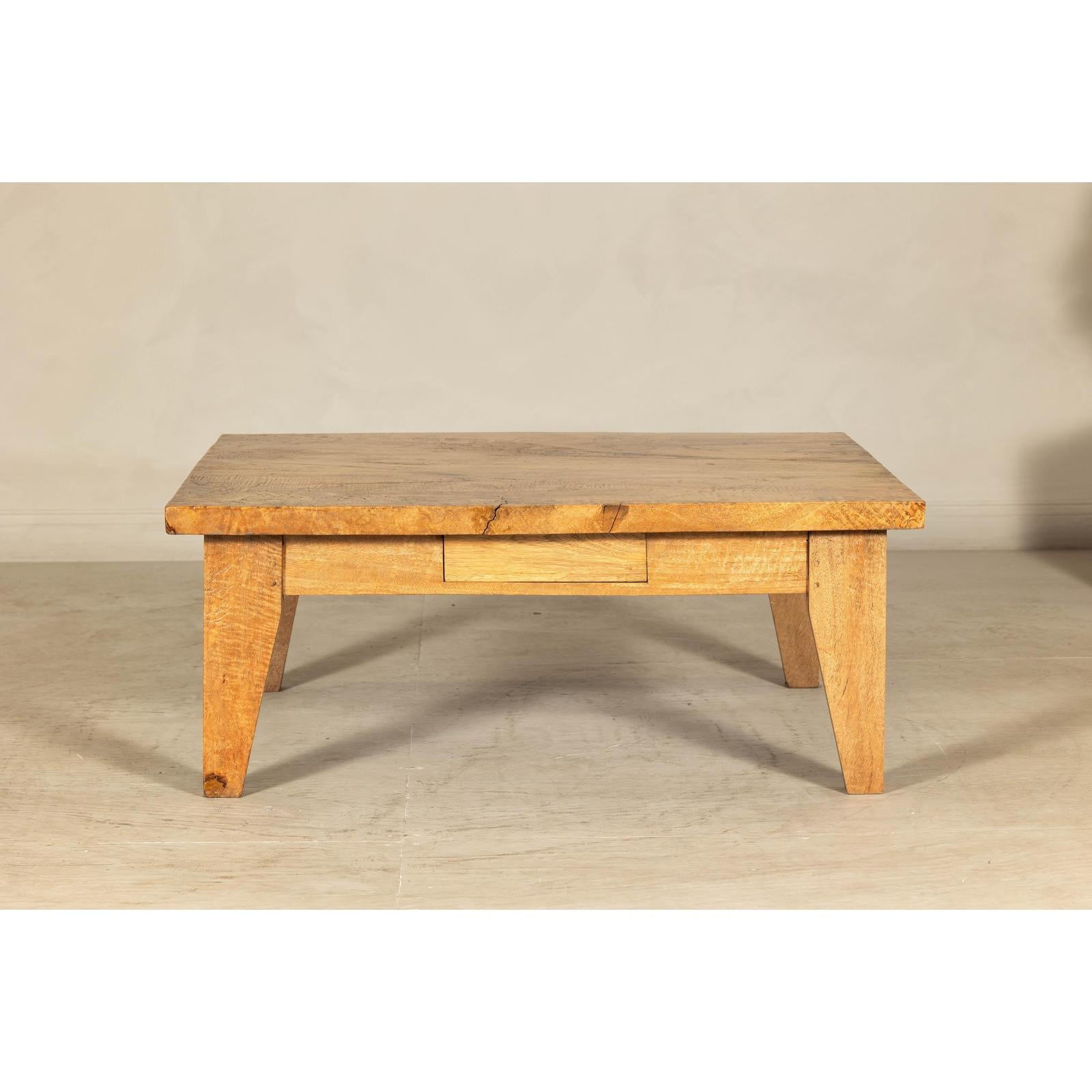 Vintage Mango Wood Coffee Table with Drawer and Tapered Legs-12. Asian &amp; Chinese Furniture, Art, Antiques, Vintage Home Décor for sale at FEA Home