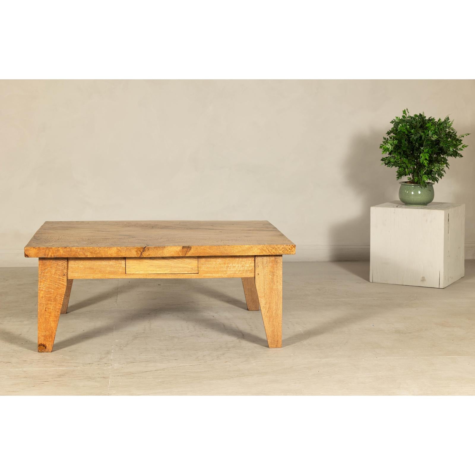 Vintage Mango Wood Coffee Table with Drawer and Tapered Legs-13. Asian &amp; Chinese Furniture, Art, Antiques, Vintage Home Décor for sale at FEA Home