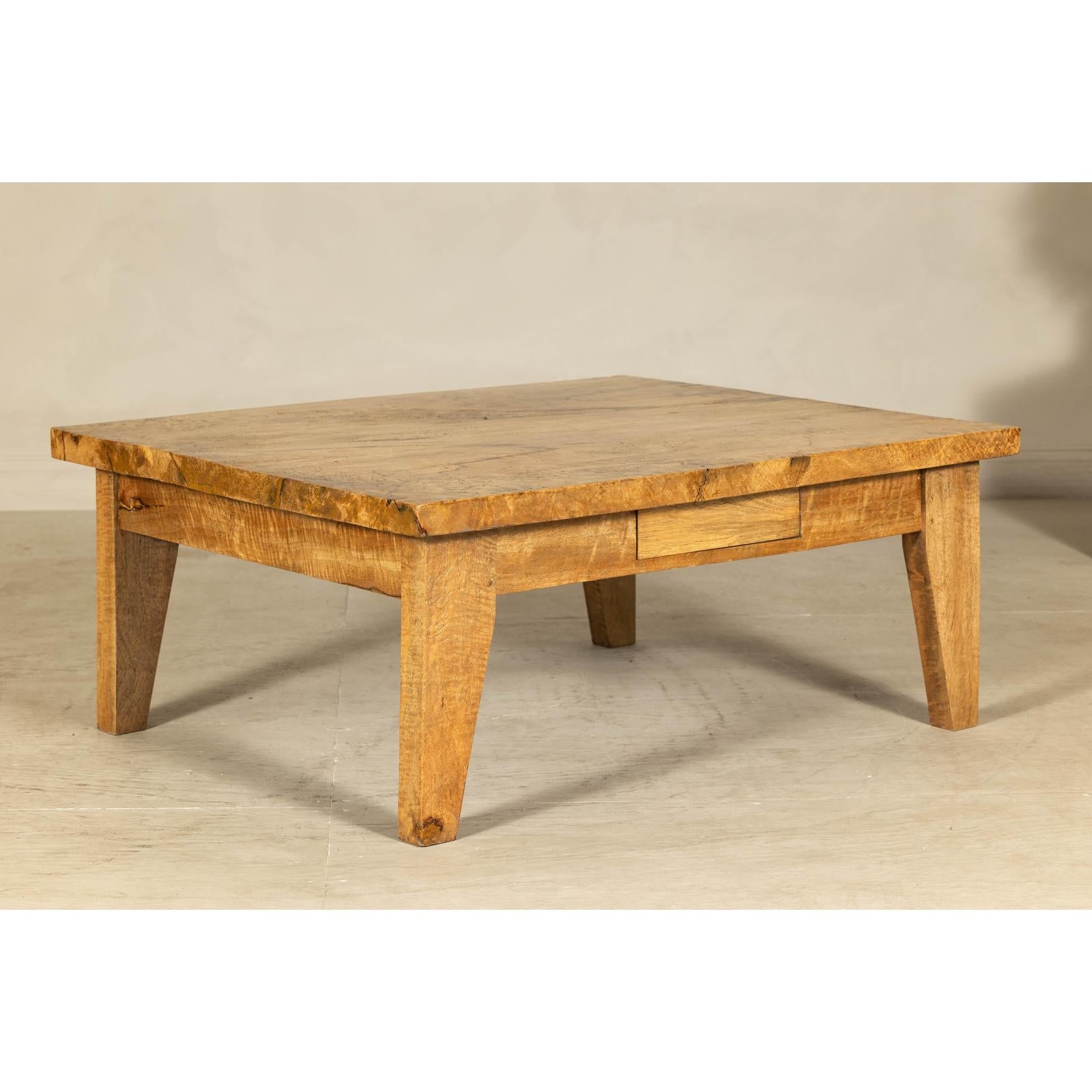 Vintage Mango Wood Coffee Table with Drawer and Tapered Legs-14. Asian &amp; Chinese Furniture, Art, Antiques, Vintage Home Décor for sale at FEA Home
