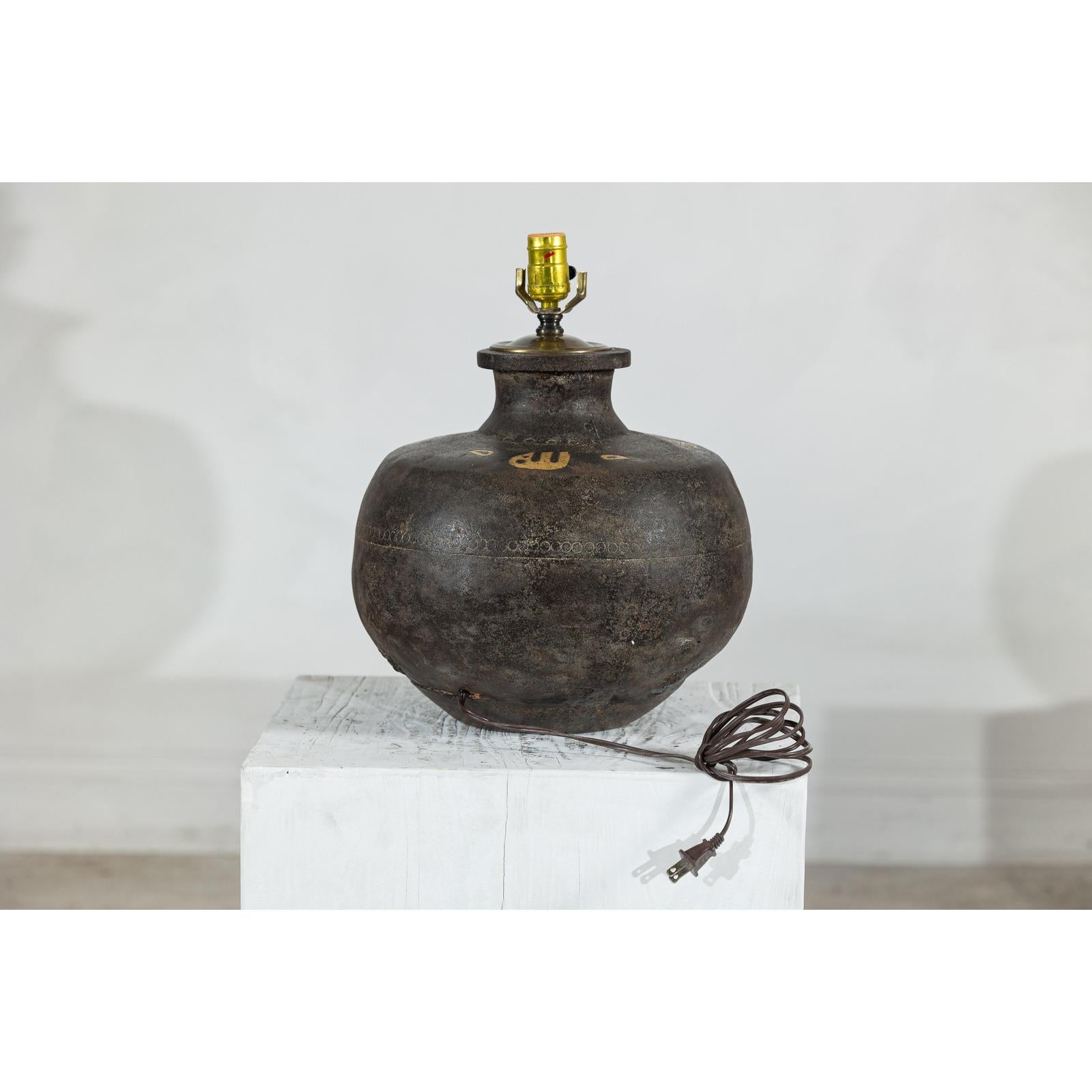 Vintage Metal Jug Converted to a Lamp with Painted Script