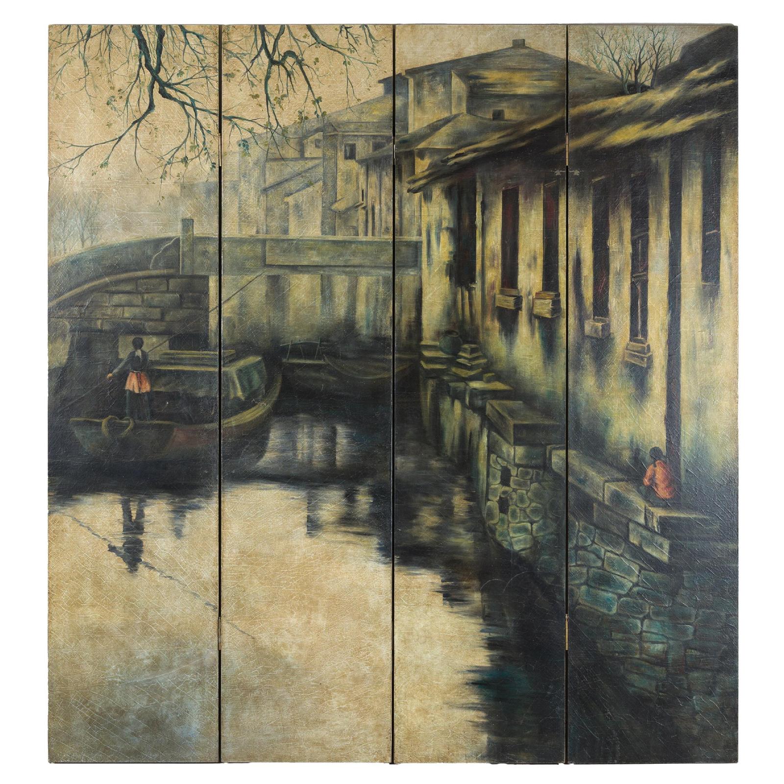 Vintage Painted Four-Panel Screen with Canal Village Scene-1. Asian & Chinese Furniture, Art, Antiques, Vintage Home Décor for sale at FEA Home