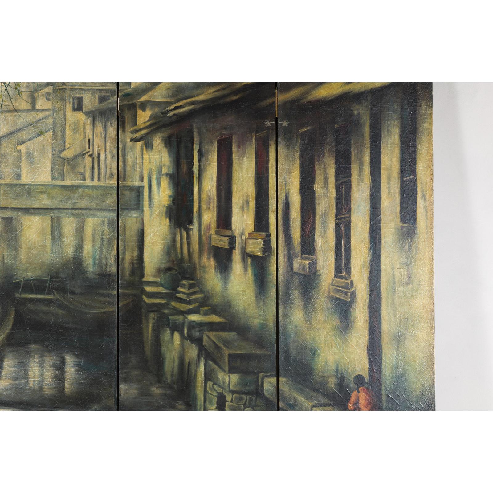 Vintage Painted Four-Panel Screen with Canal Village Scene-10. Asian &amp; Chinese Furniture, Art, Antiques, Vintage Home Décor for sale at FEA Home