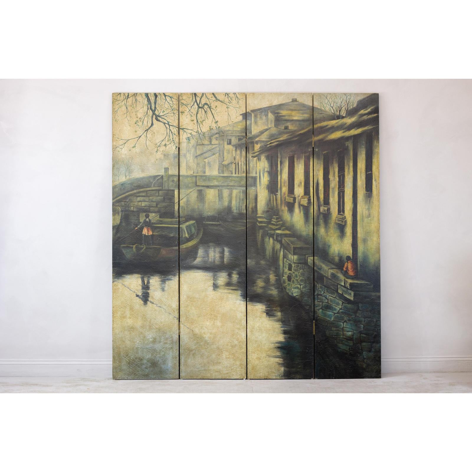 Vintage Painted Four-Panel Screen with Canal Village Scene-11. Asian &amp; Chinese Furniture, Art, Antiques, Vintage Home Décor for sale at FEA Home