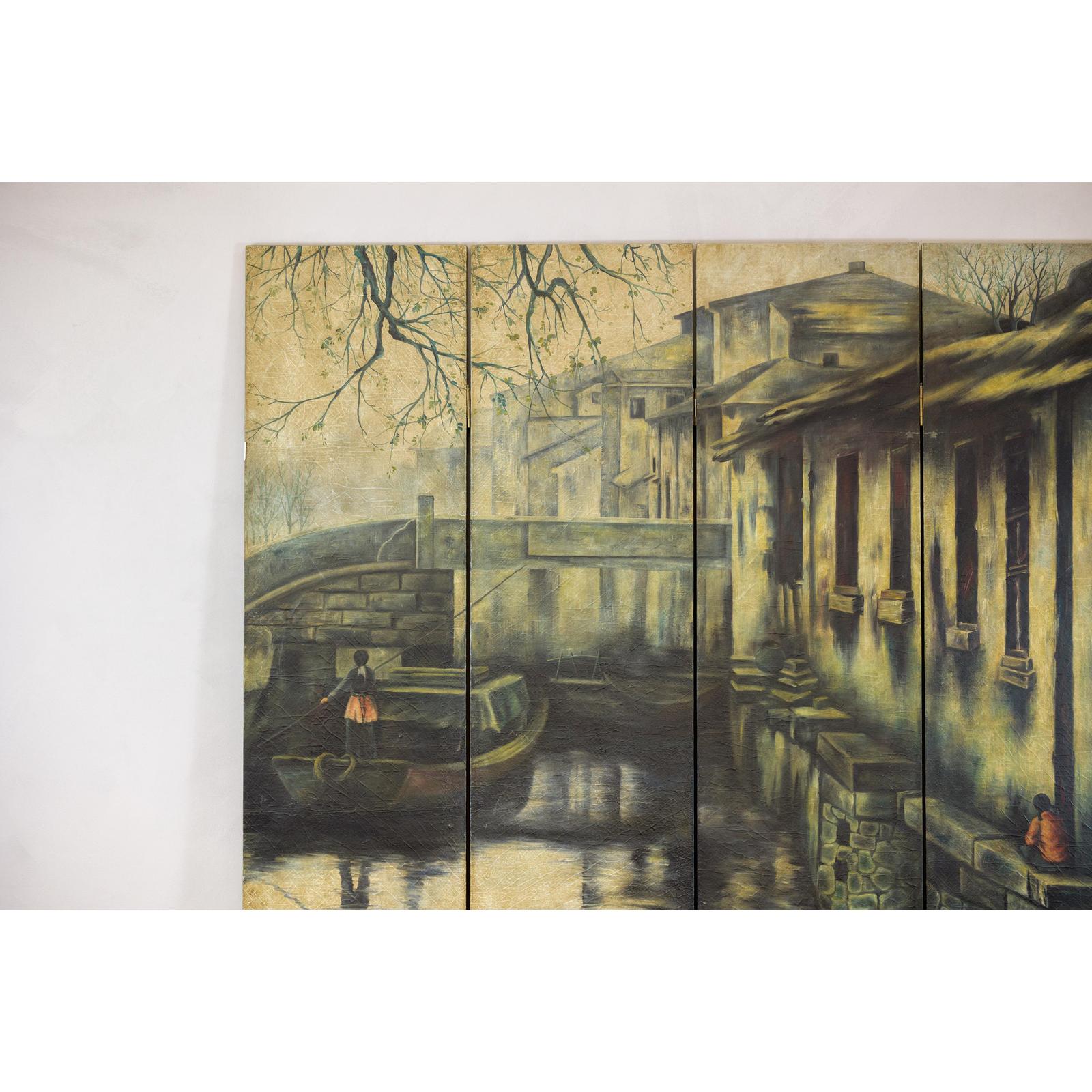 Vintage Painted Four-Panel Screen with Canal Village Scene-12. Asian &amp; Chinese Furniture, Art, Antiques, Vintage Home Décor for sale at FEA Home