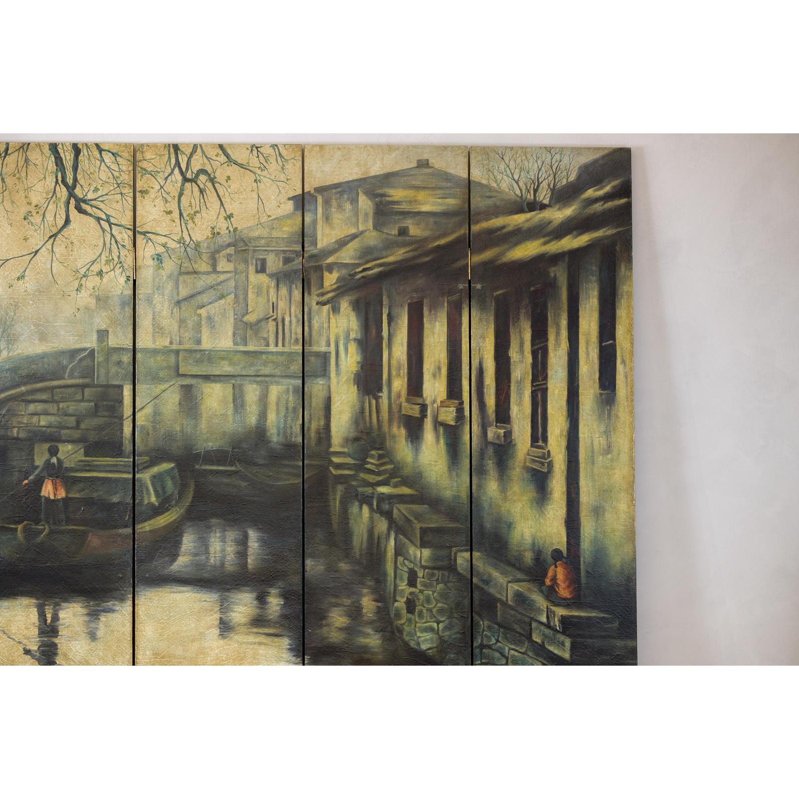Vintage Painted Four-Panel Screen with Canal Village Scene-13. Asian &amp; Chinese Furniture, Art, Antiques, Vintage Home Décor for sale at FEA Home