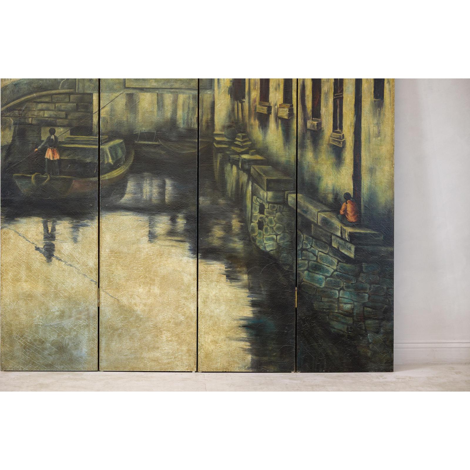 Vintage Painted Four-Panel Screen with Canal Village Scene-14. Asian &amp; Chinese Furniture, Art, Antiques, Vintage Home Décor for sale at FEA Home