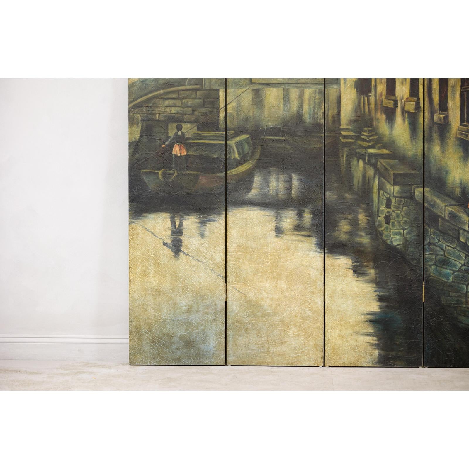 Vintage Painted Four-Panel Screen with Canal Village Scene-15. Asian &amp; Chinese Furniture, Art, Antiques, Vintage Home Décor for sale at FEA Home