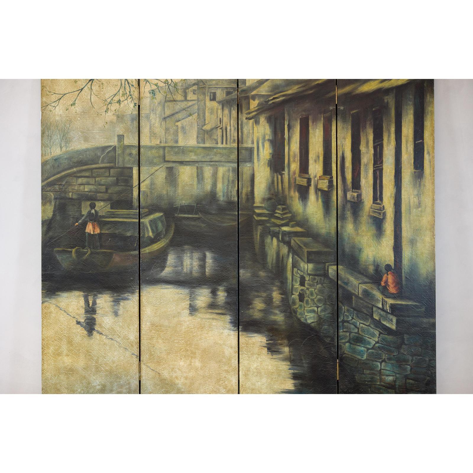Vintage Painted Four-Panel Screen with Canal Village Scene-16. Asian &amp; Chinese Furniture, Art, Antiques, Vintage Home Décor for sale at FEA Home