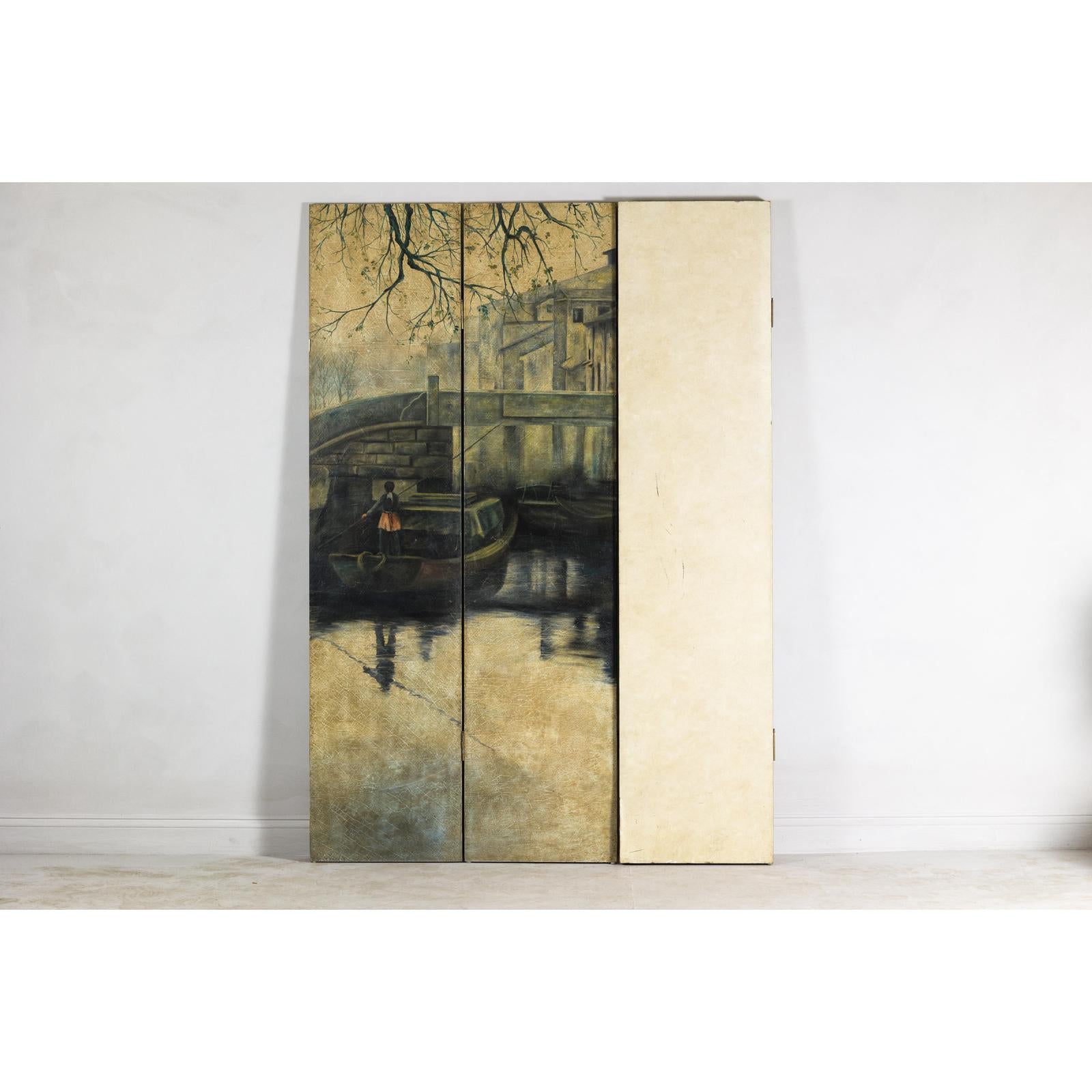 Vintage Painted Four-Panel Screen with Canal Village Scene-17. Asian &amp; Chinese Furniture, Art, Antiques, Vintage Home Décor for sale at FEA Home