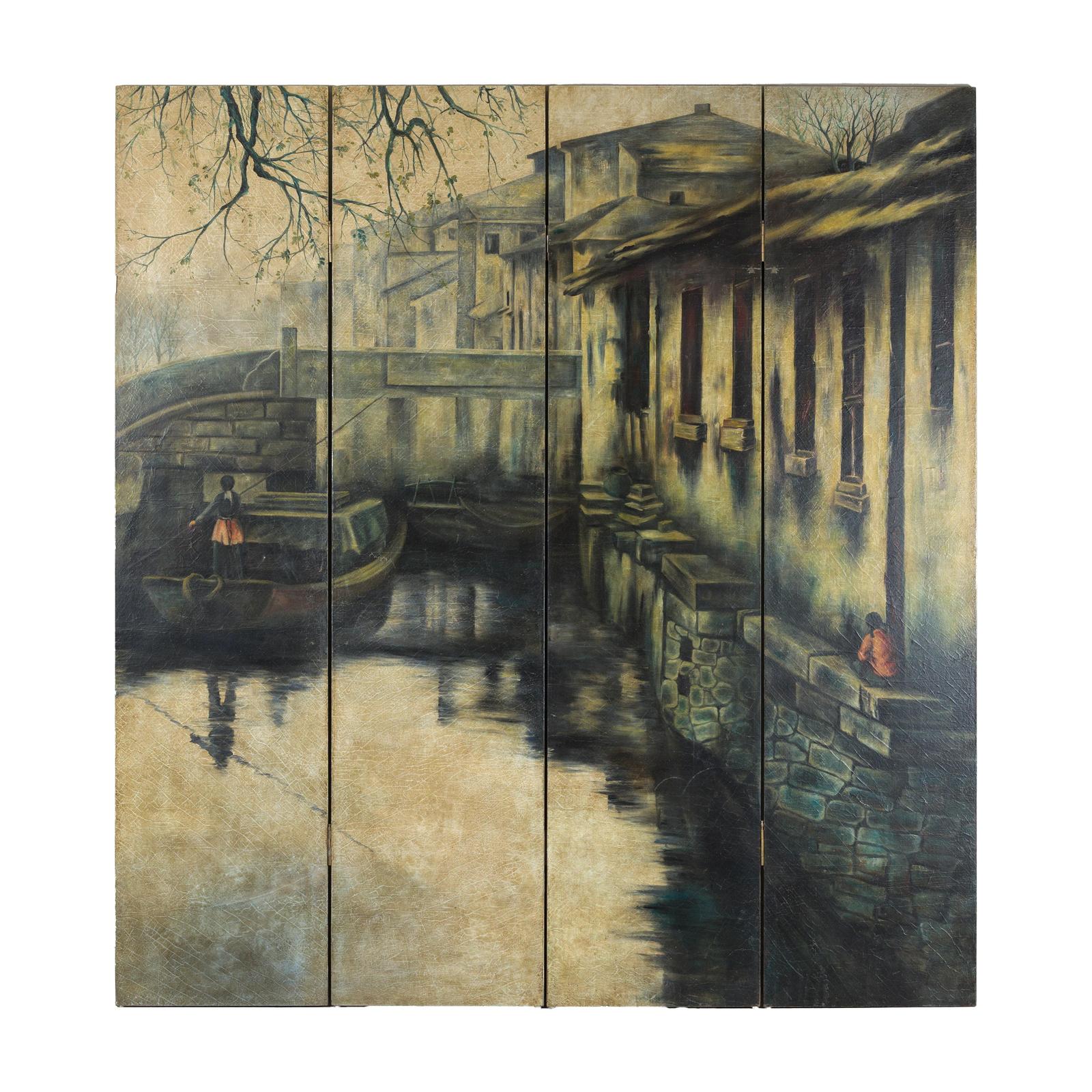 Vintage Painted Four-Panel Screen with Canal Village Scene-18. Asian &amp; Chinese Furniture, Art, Antiques, Vintage Home Décor for sale at FEA Home