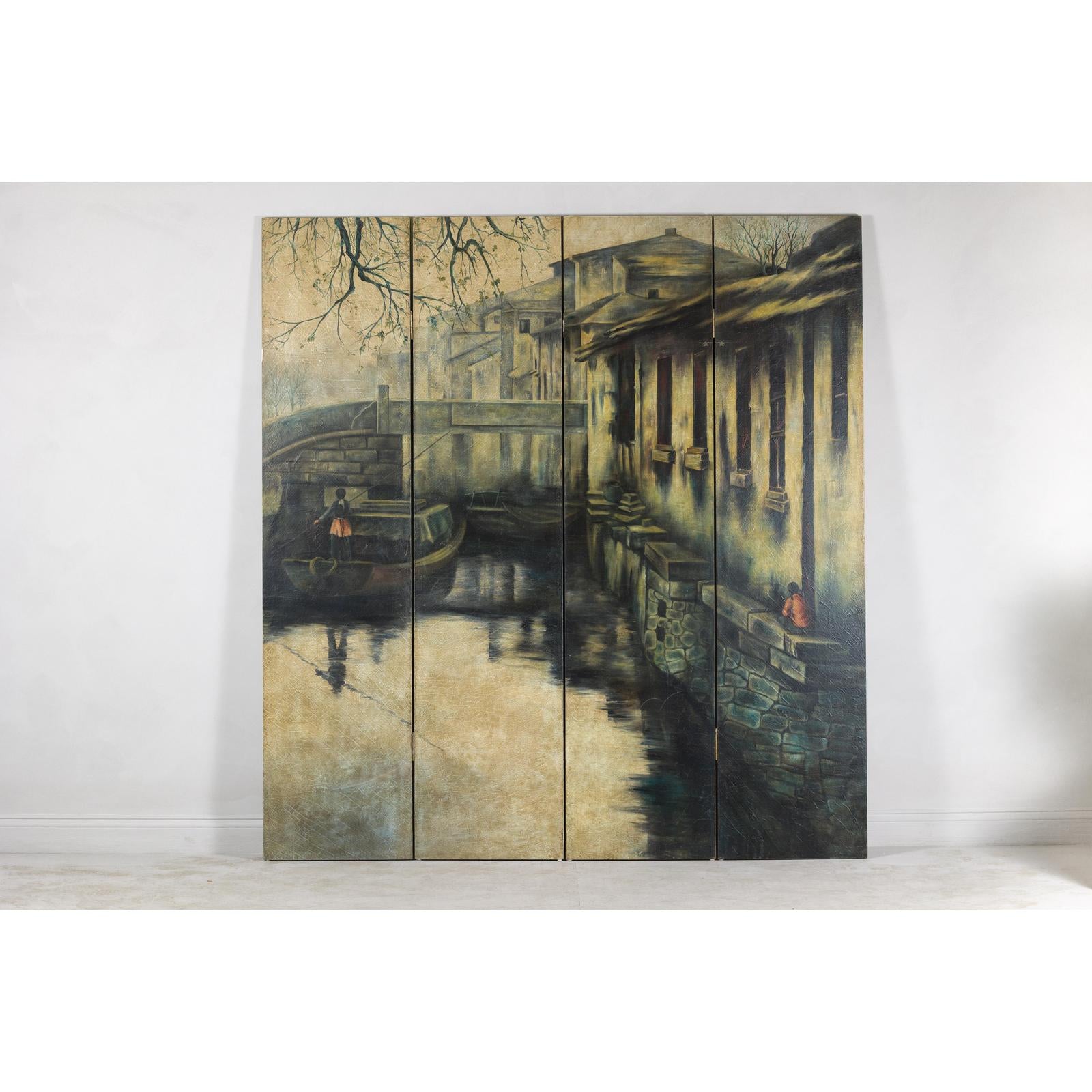 Vintage Painted Four-Panel Screen with Canal Village Scene-2. Asian & Chinese Furniture, Art, Antiques, Vintage Home Décor for sale at FEA Home