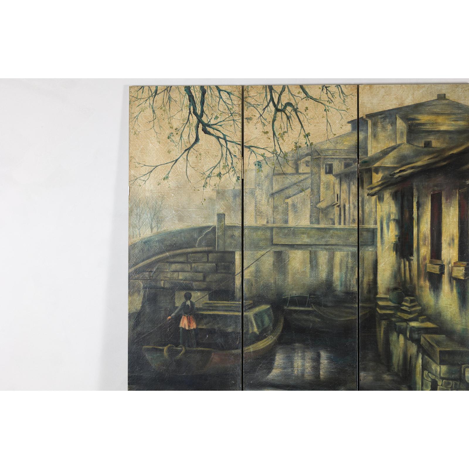 Vintage Painted Four-Panel Screen with Canal Village Scene-3. Asian &amp; Chinese Furniture, Art, Antiques, Vintage Home Décor for sale at FEA Home