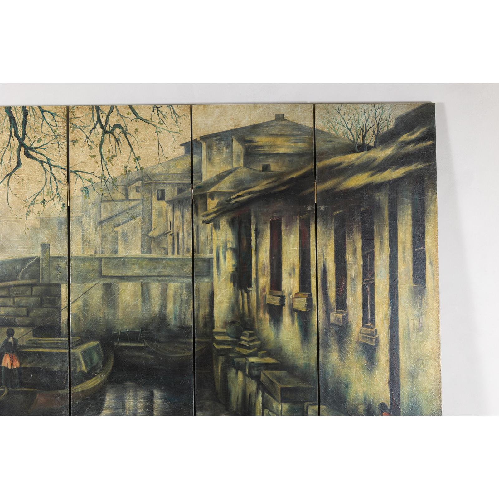 Vintage Painted Four-Panel Screen with Canal Village Scene-4. Asian &amp; Chinese Furniture, Art, Antiques, Vintage Home Décor for sale at FEA Home