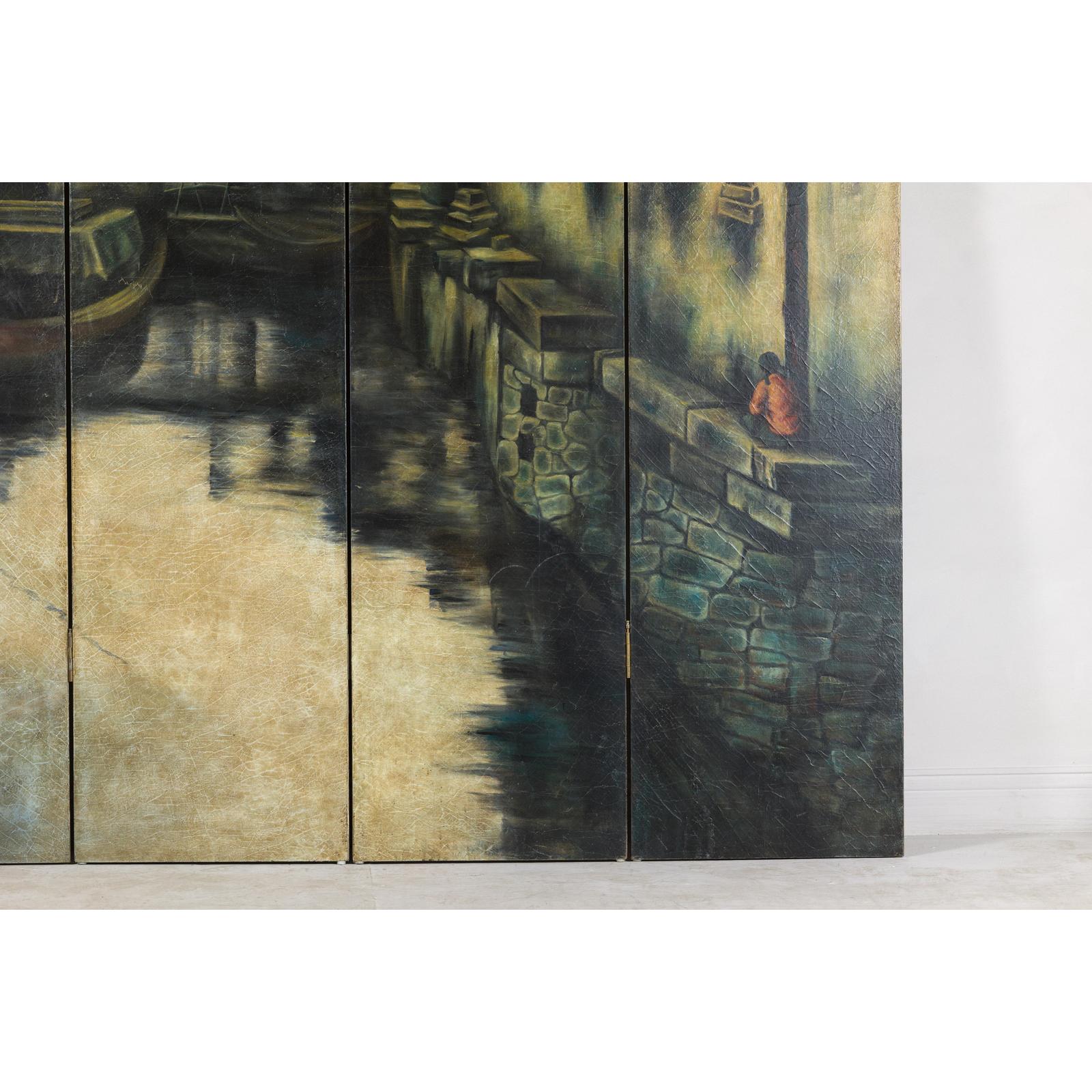Vintage Painted Four-Panel Screen with Canal Village Scene-5. Asian &amp; Chinese Furniture, Art, Antiques, Vintage Home Décor for sale at FEA Home