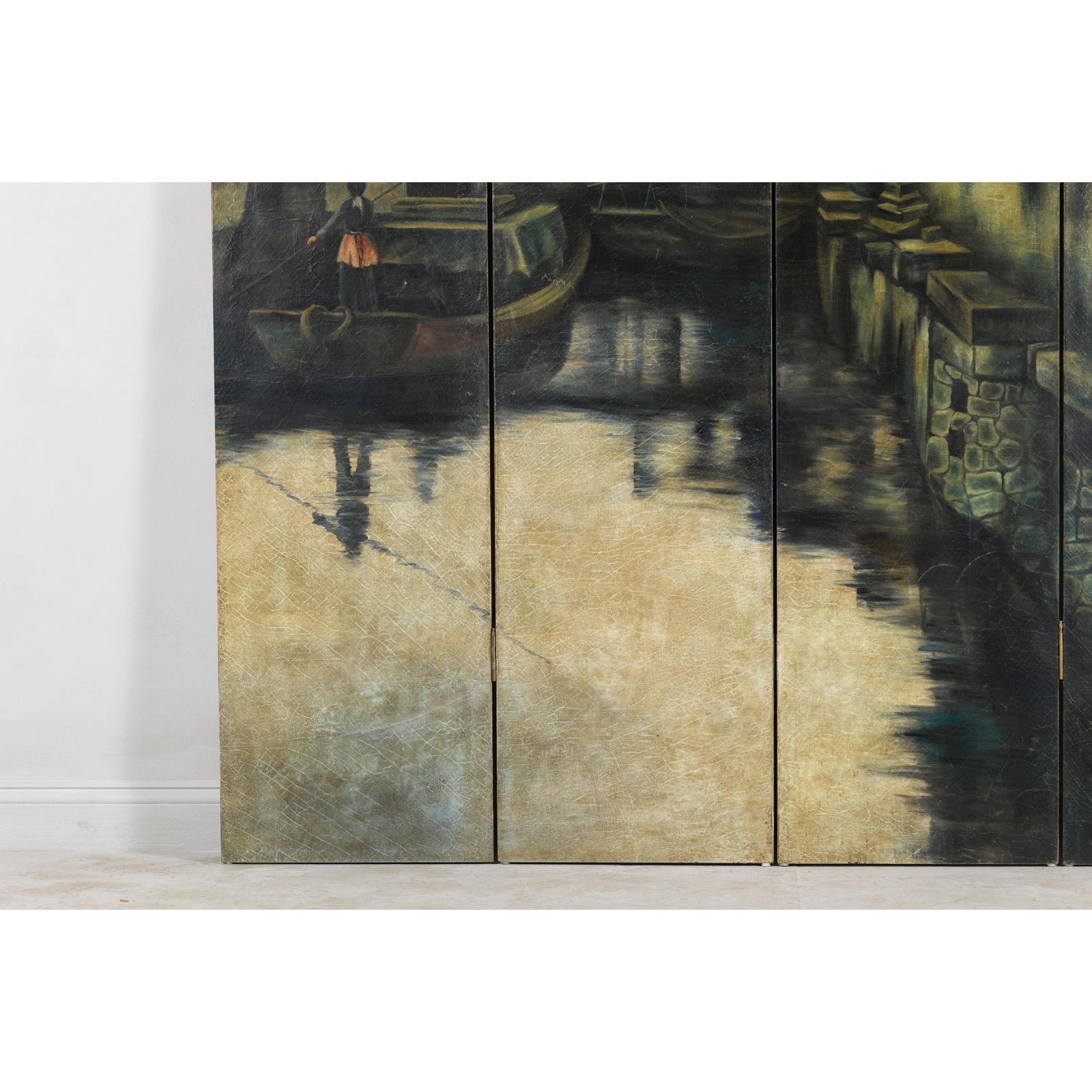 Vintage Painted Four-Panel Screen with Canal Village Scene-6. Asian &amp; Chinese Furniture, Art, Antiques, Vintage Home Décor for sale at FEA Home
