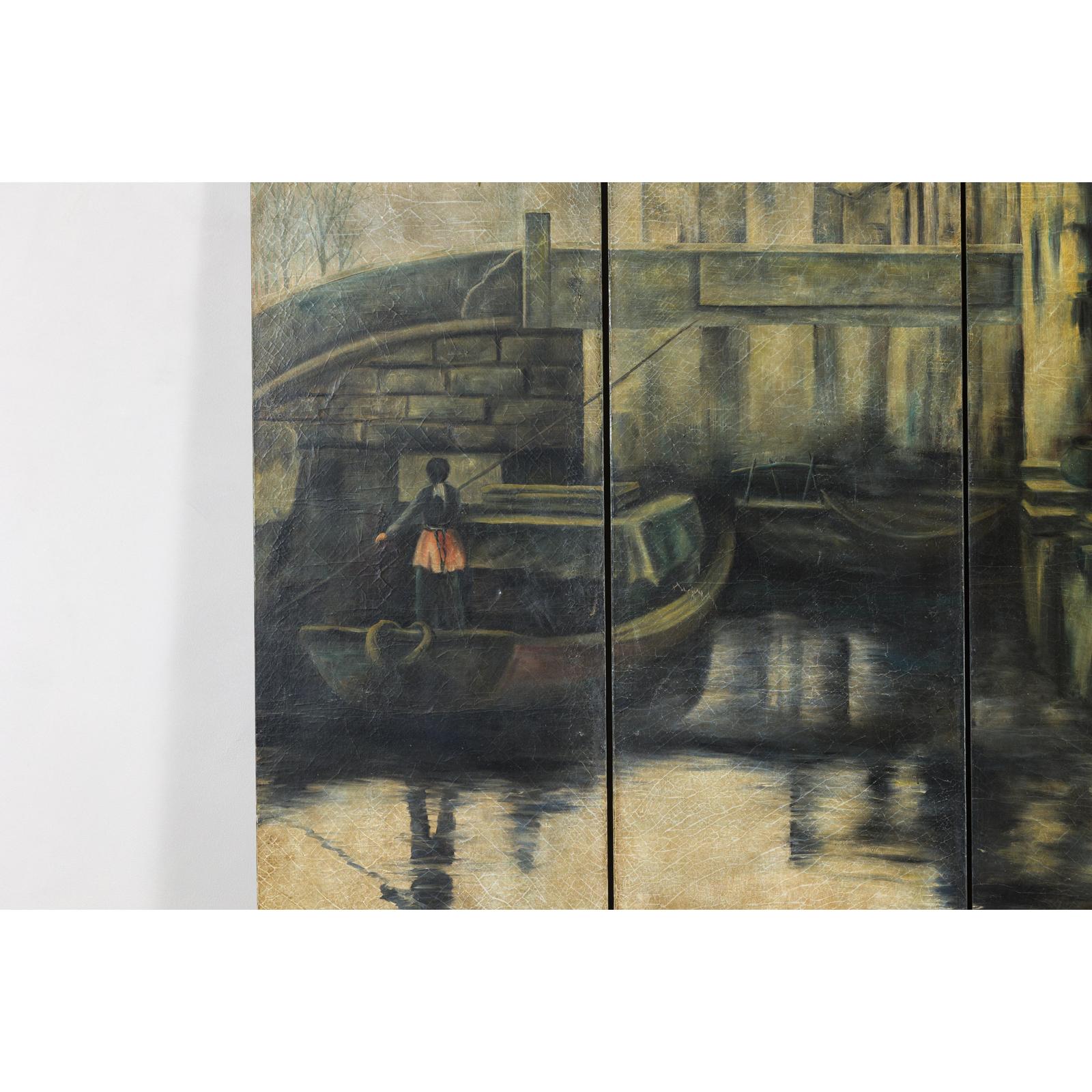 Vintage Painted Four-Panel Screen with Canal Village Scene-7. Asian &amp; Chinese Furniture, Art, Antiques, Vintage Home Décor for sale at FEA Home