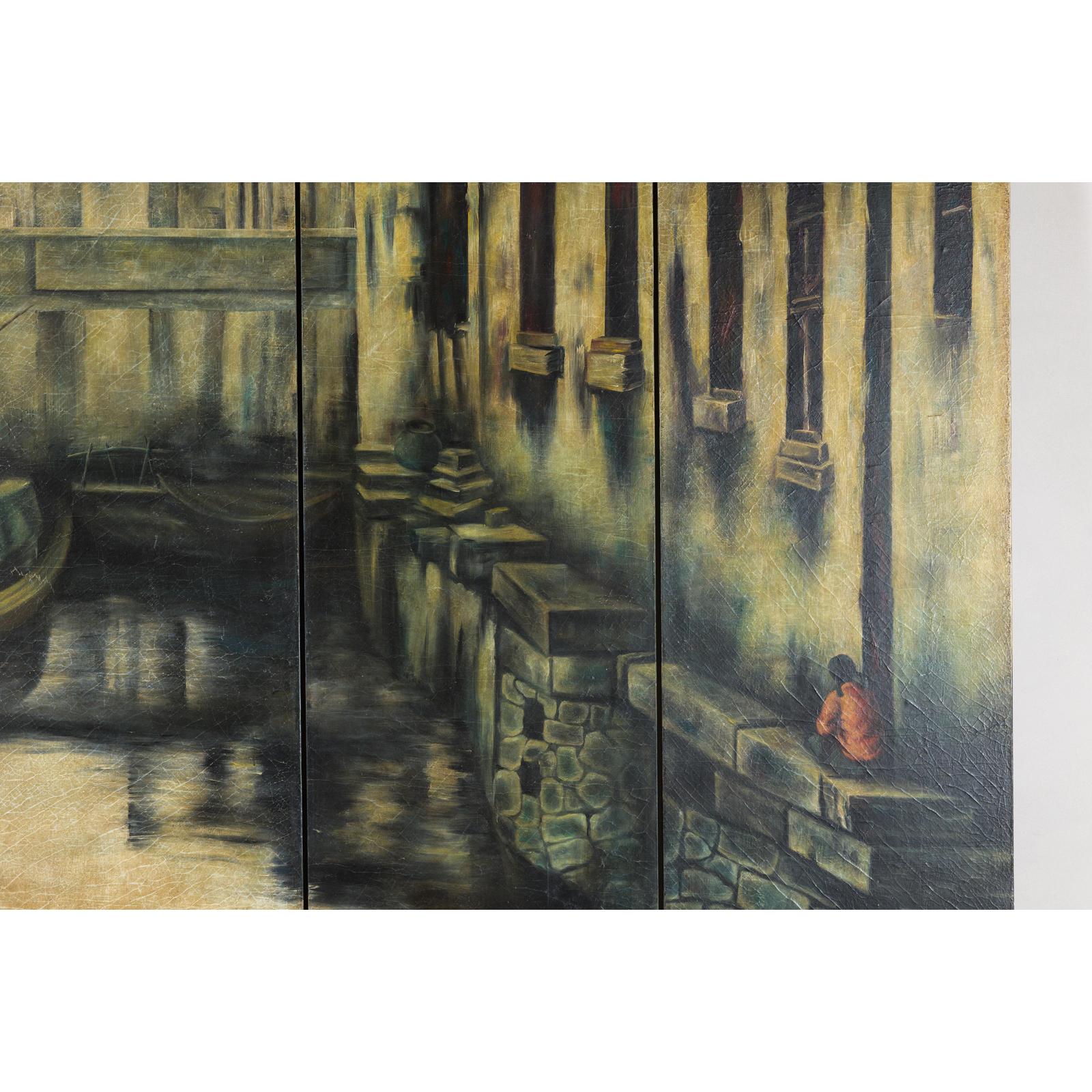 Vintage Painted Four-Panel Screen with Canal Village Scene-8. Asian &amp; Chinese Furniture, Art, Antiques, Vintage Home Décor for sale at FEA Home