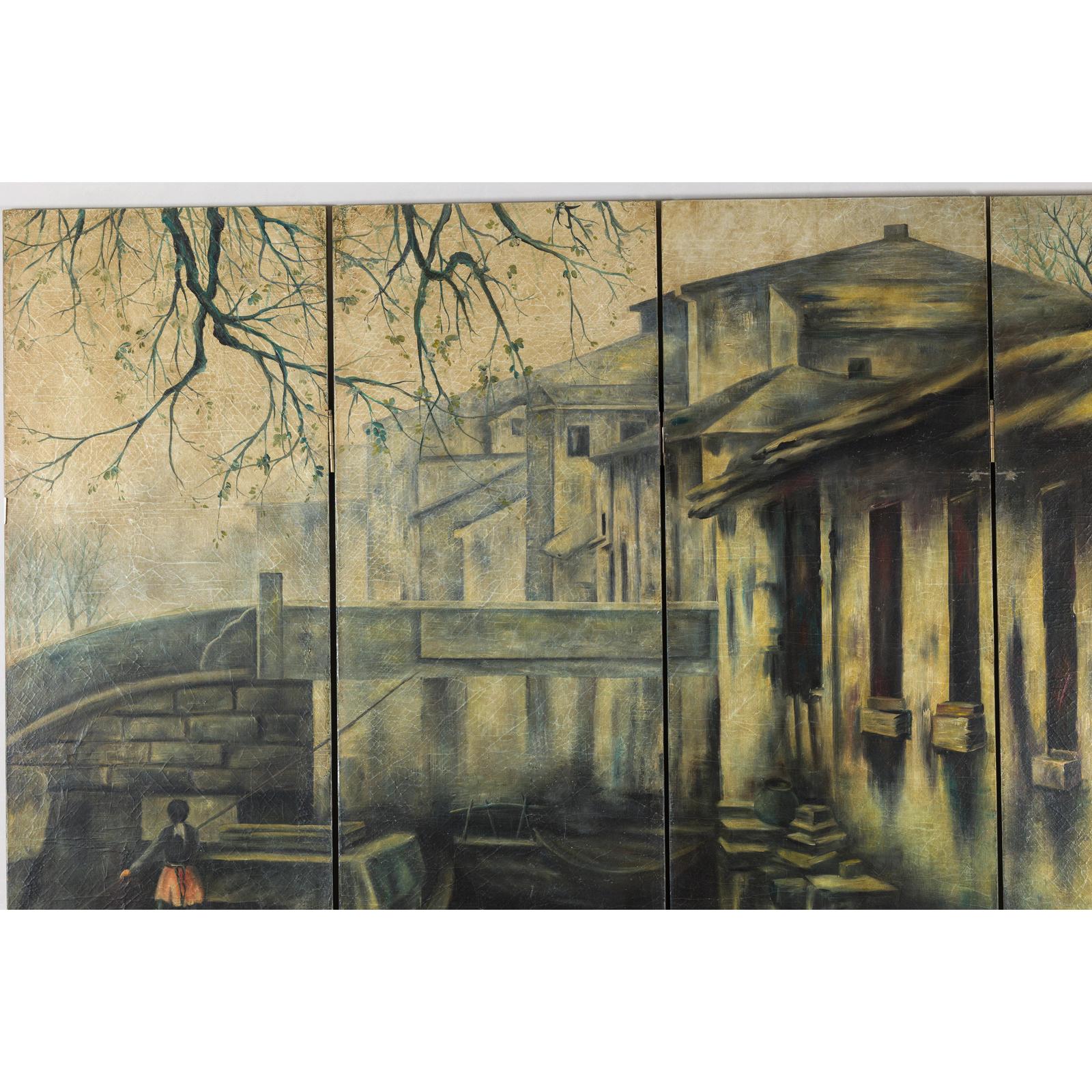 Vintage Painted Four-Panel Screen with Canal Village Scene-9. Asian &amp; Chinese Furniture, Art, Antiques, Vintage Home Décor for sale at FEA Home