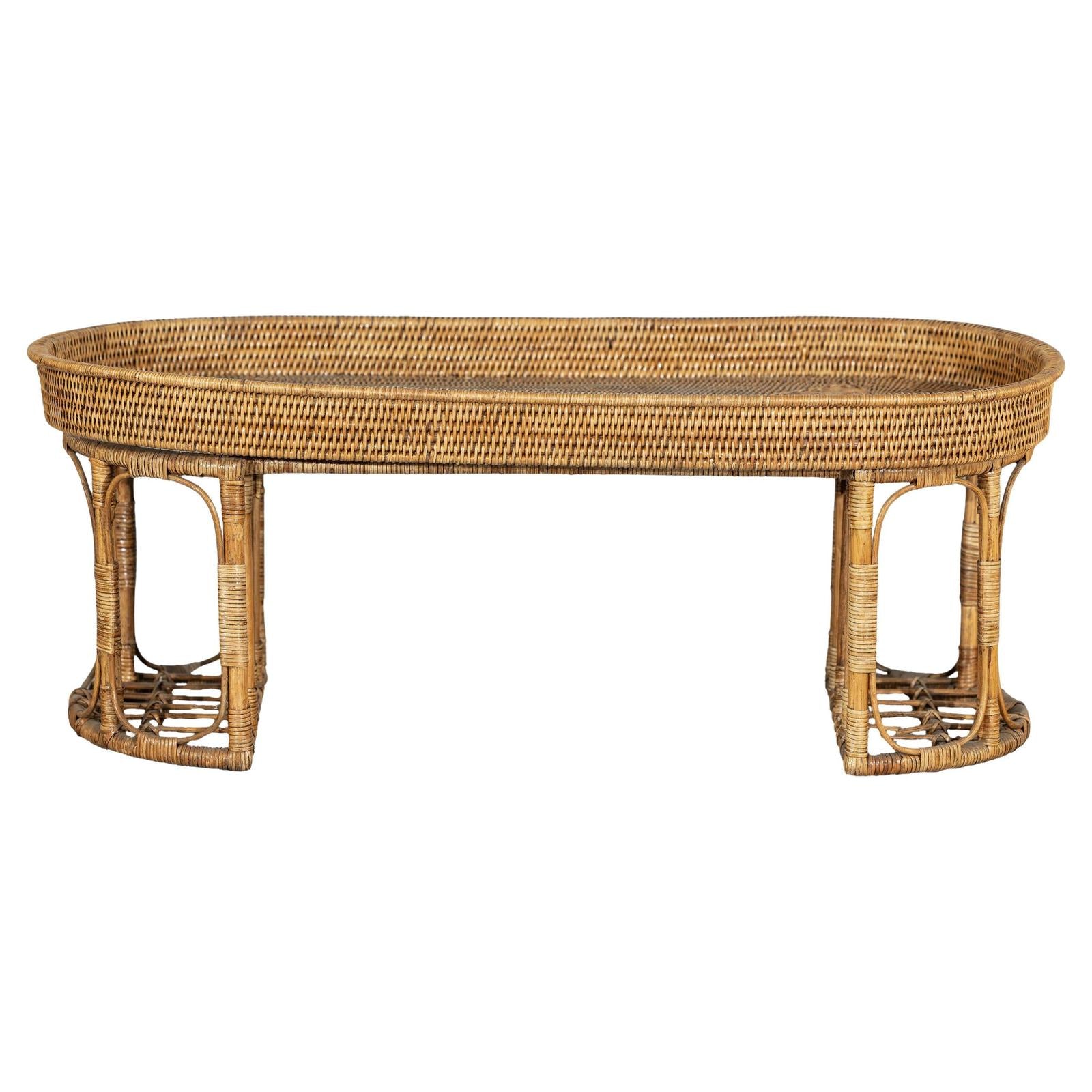 Vintage Rattan Oval Tray Top Table or Coffee Table with Raised Edge-1. Asian & Chinese Furniture, Art, Antiques, Vintage Home Décor for sale at FEA Home