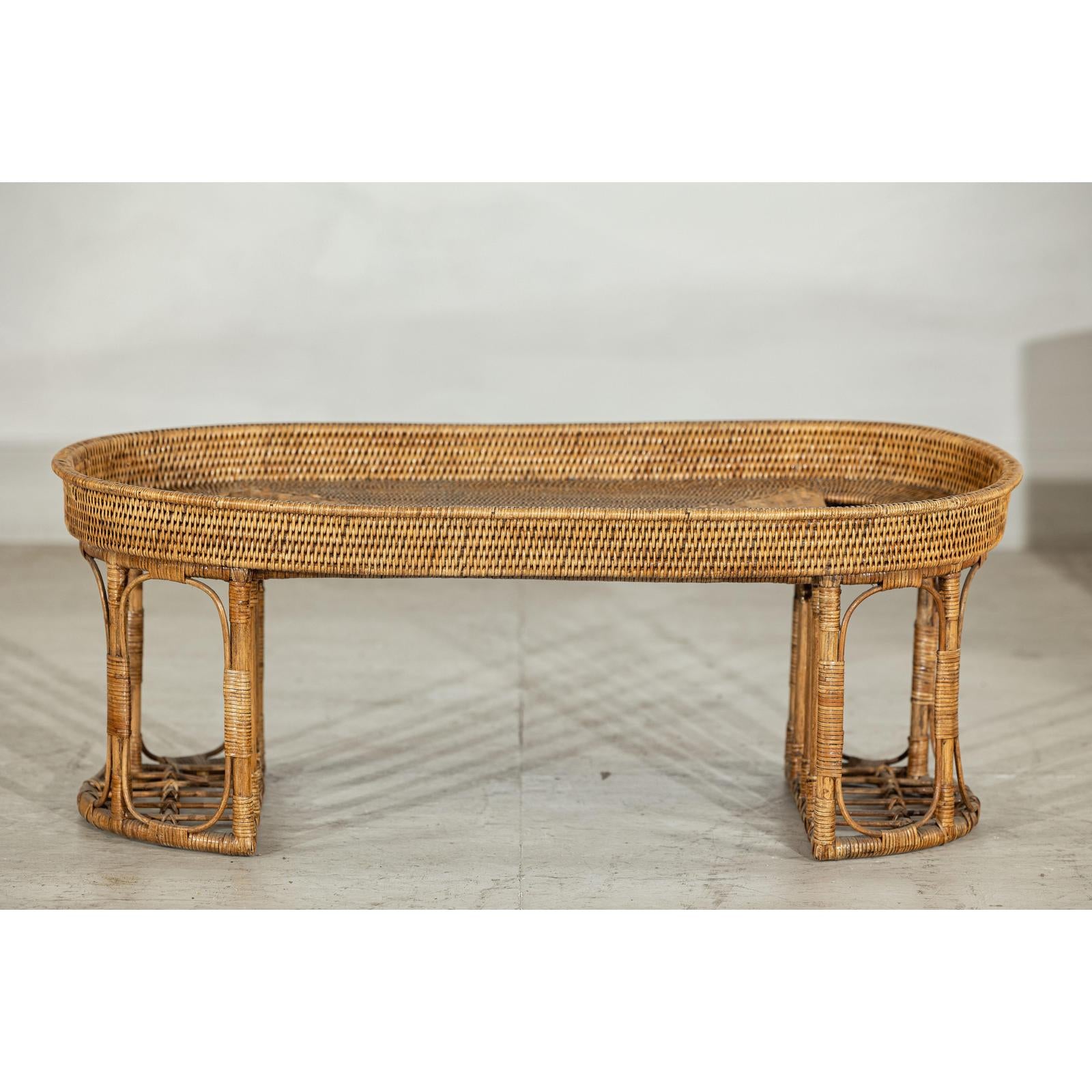 Vintage Rattan Oval Tray Top Table or Coffee Table with Raised Edge-10. Asian &amp; Chinese Furniture, Art, Antiques, Vintage Home Décor for sale at FEA Home