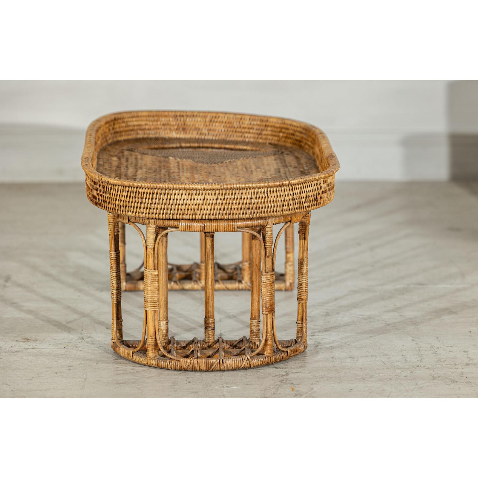 Vintage Rattan Oval Tray Top Table or Coffee Table with Raised Edge-12. Asian &amp; Chinese Furniture, Art, Antiques, Vintage Home Décor for sale at FEA Home