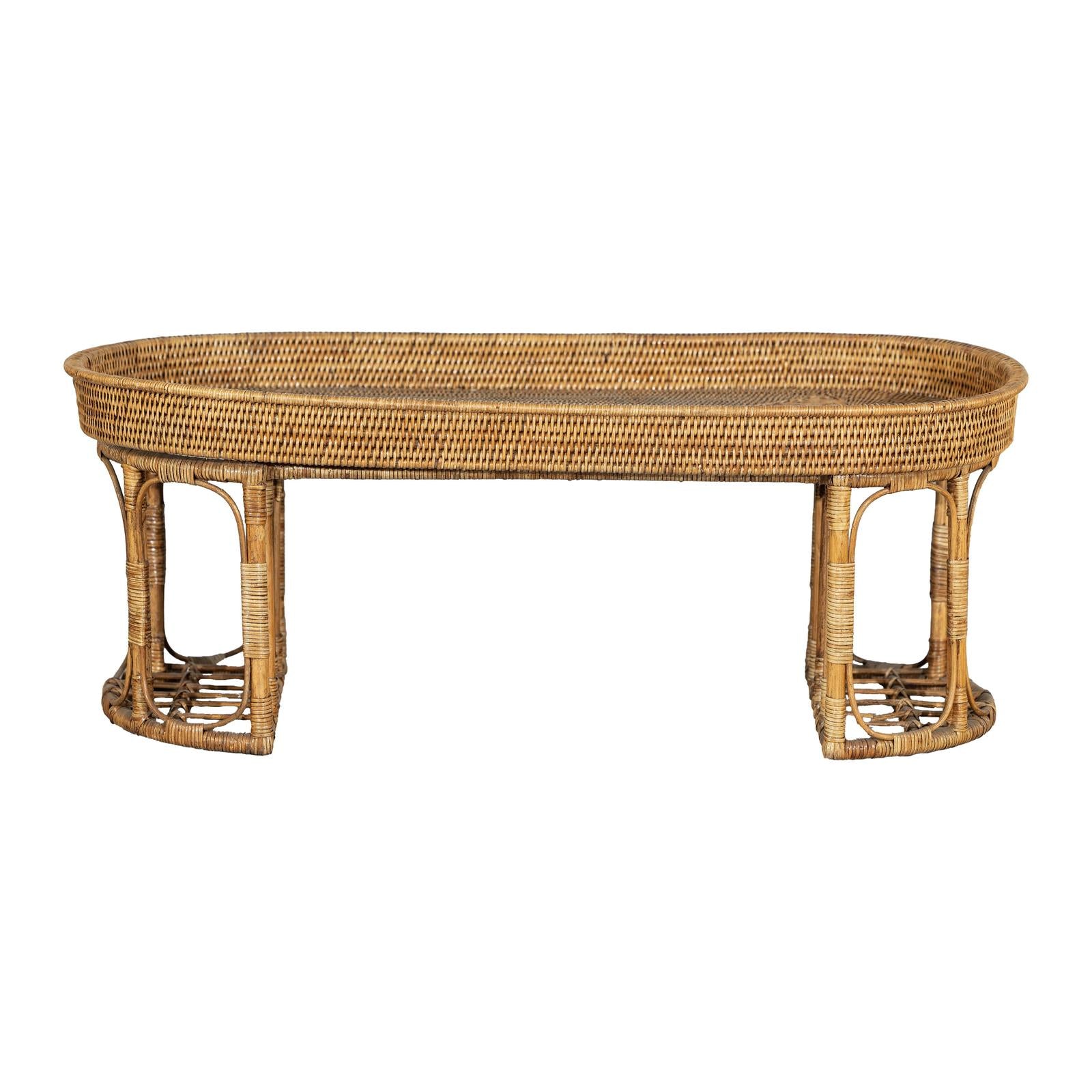 Vintage Rattan Oval Tray Top Table or Coffee Table with Raised Edge-13. Asian &amp; Chinese Furniture, Art, Antiques, Vintage Home Décor for sale at FEA Home