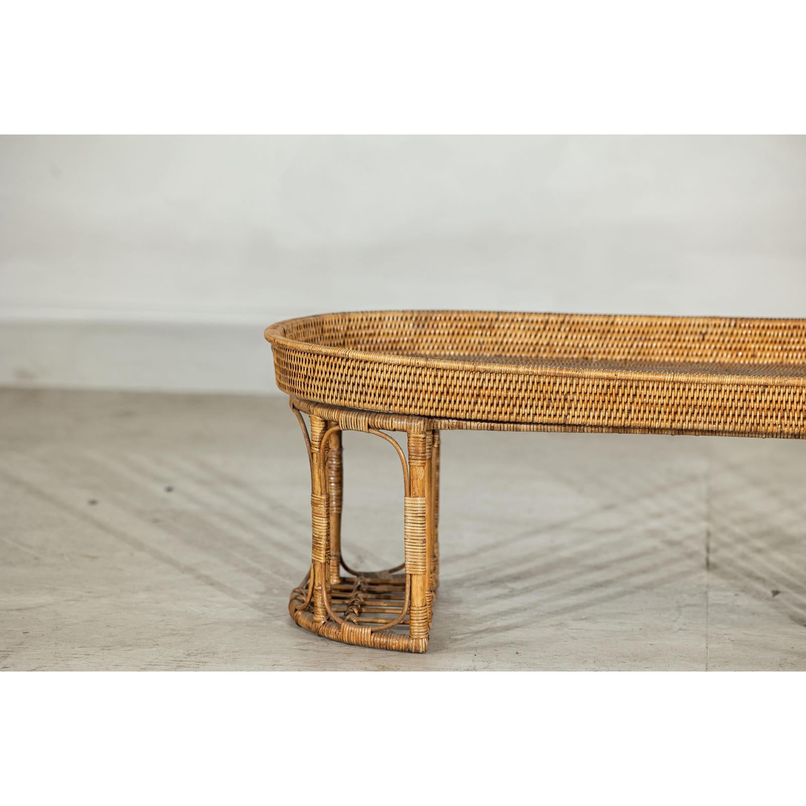 Vintage Rattan Oval Tray Top Table or Coffee Table with Raised Edge-4. Asian &amp; Chinese Furniture, Art, Antiques, Vintage Home Décor for sale at FEA Home