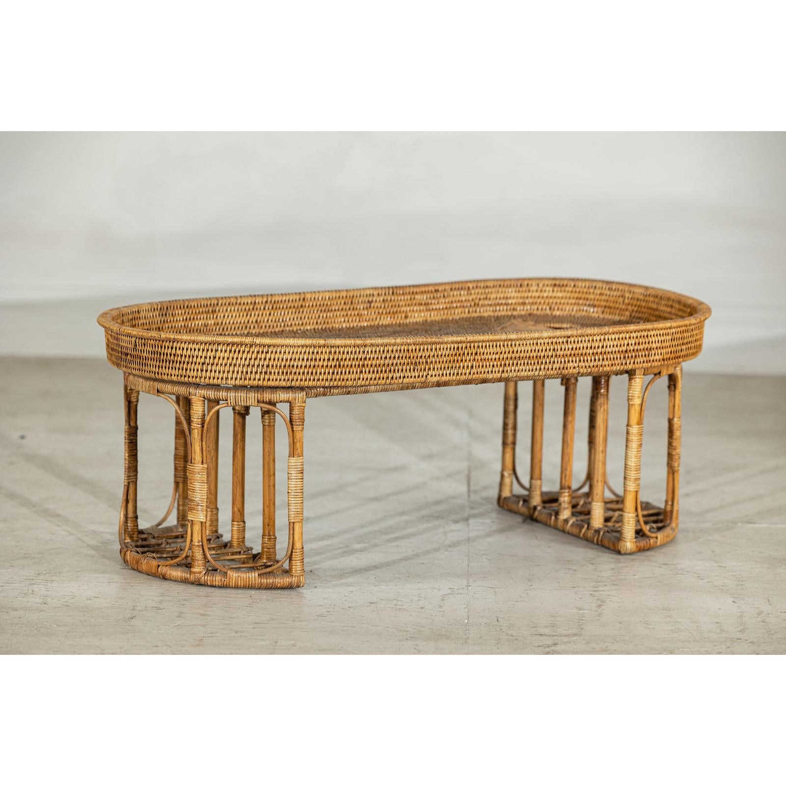 Vintage Rattan Oval Tray Top Table or Coffee Table with Raised Edge-6. Asian &amp; Chinese Furniture, Art, Antiques, Vintage Home Décor for sale at FEA Home