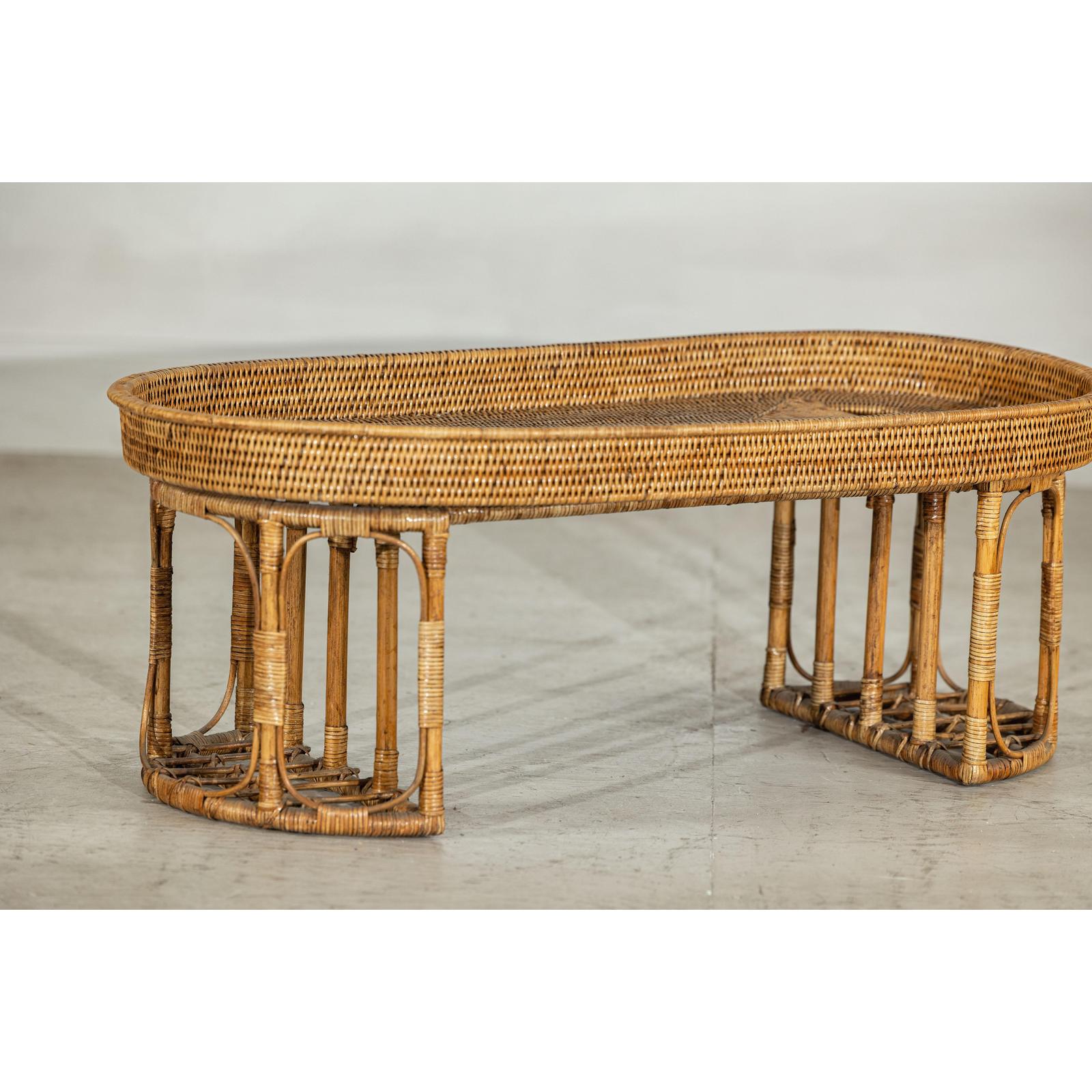 Vintage Rattan Oval Tray Top Table or Coffee Table with Raised Edge-7. Asian &amp; Chinese Furniture, Art, Antiques, Vintage Home Décor for sale at FEA Home