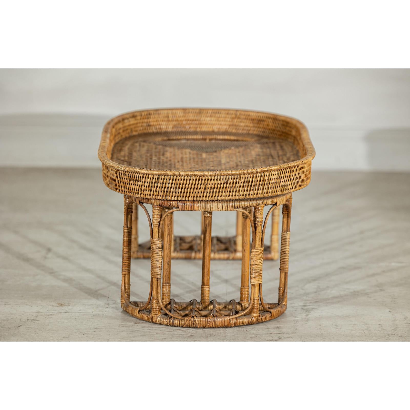 Vintage Rattan Oval Tray Top Table or Coffee Table with Raised Edge-9. Asian &amp; Chinese Furniture, Art, Antiques, Vintage Home Décor for sale at FEA Home