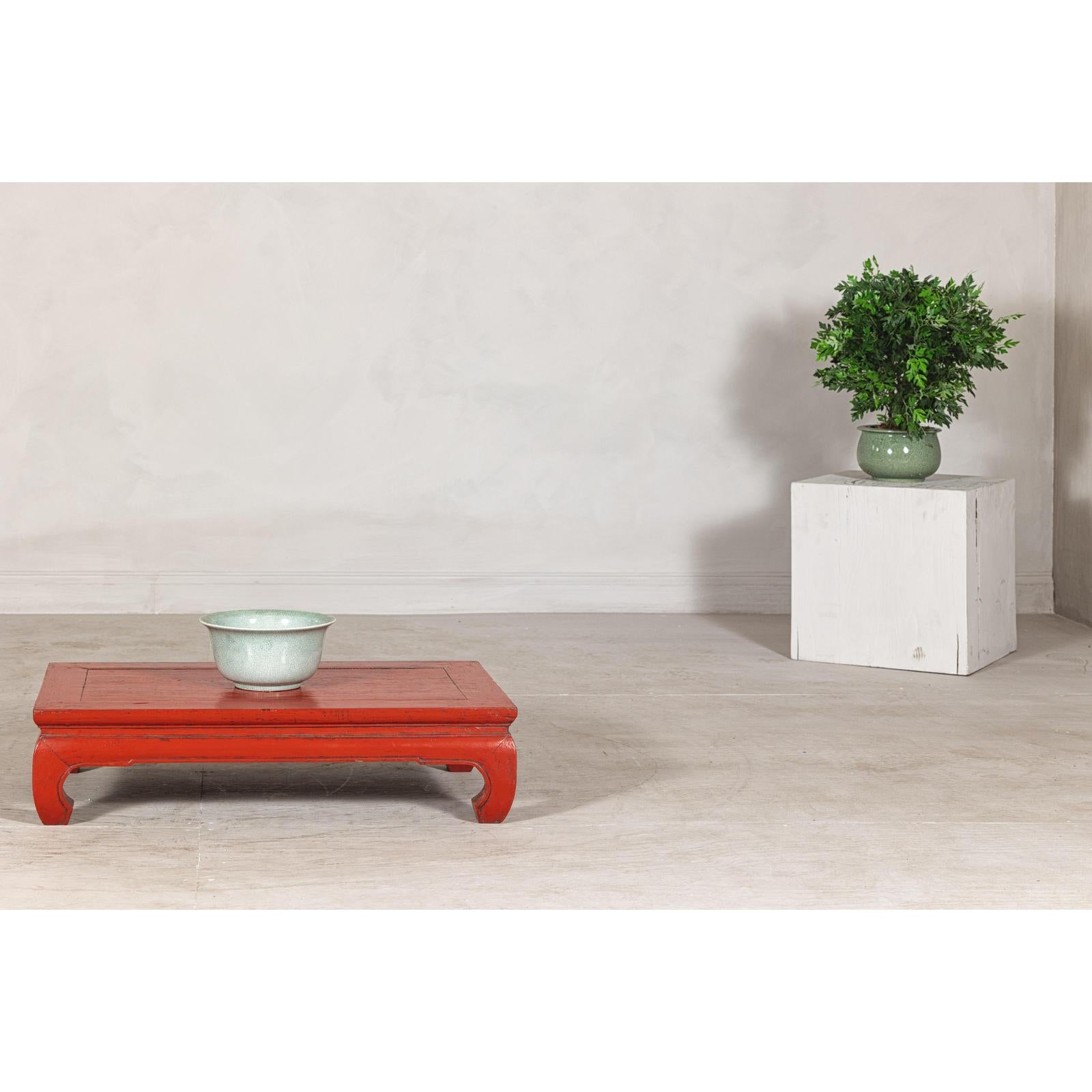 Vintage Red Lacquered Low Kang Table with Curved Legs-2. Asian & Chinese Furniture, Art, Antiques, Vintage Home Décor for sale at FEA Home
