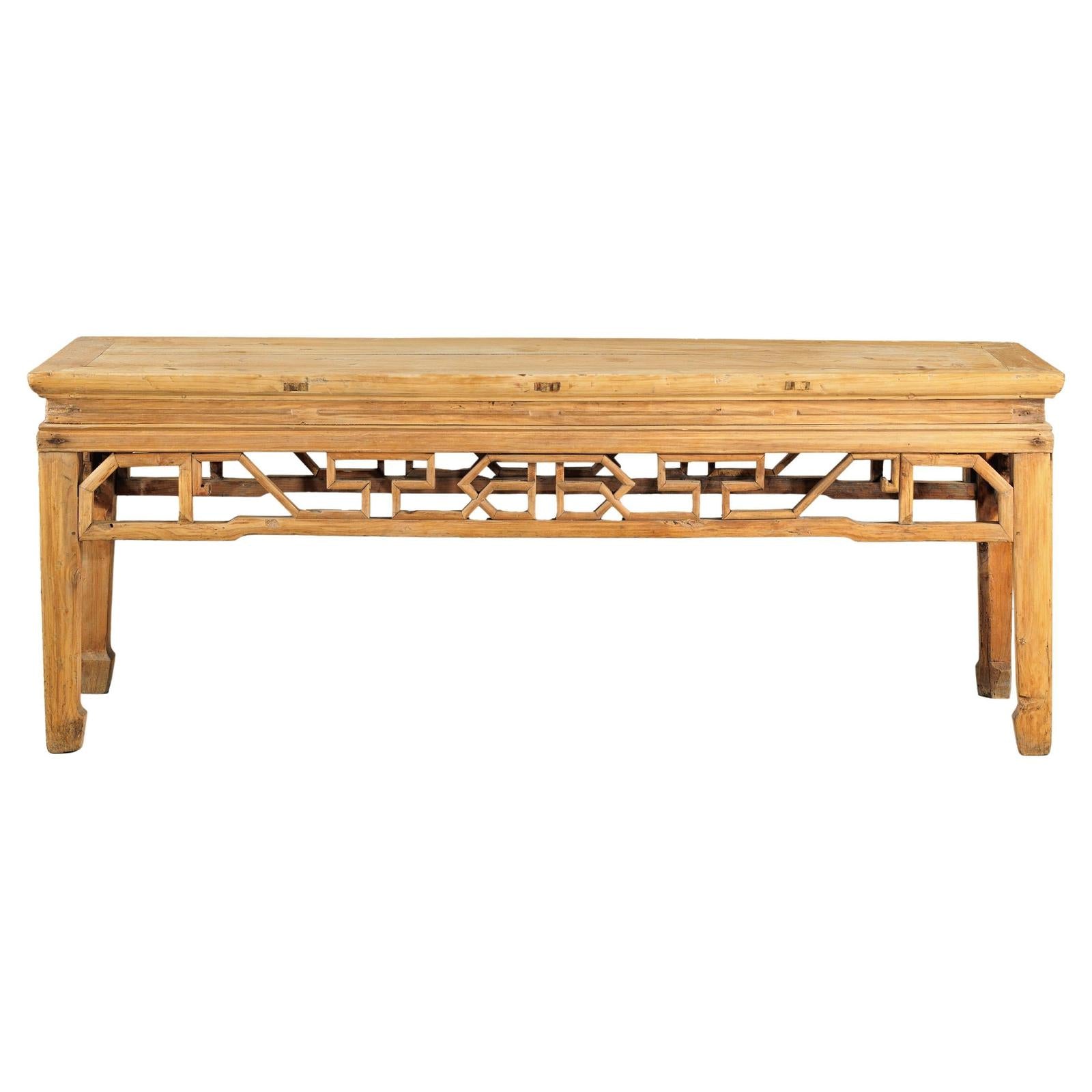 Vintage Rustic Low Table with Geometric Carved Fretwork Apron-1. Asian & Chinese Furniture, Art, Antiques, Vintage Home Décor for sale at FEA Home