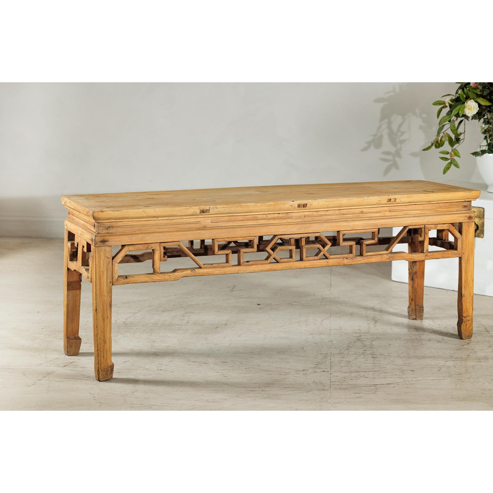 Vintage Rustic Low Table with Geometric Carved Fretwork Apron-11. Asian &amp; Chinese Furniture, Art, Antiques, Vintage Home Décor for sale at FEA Home
