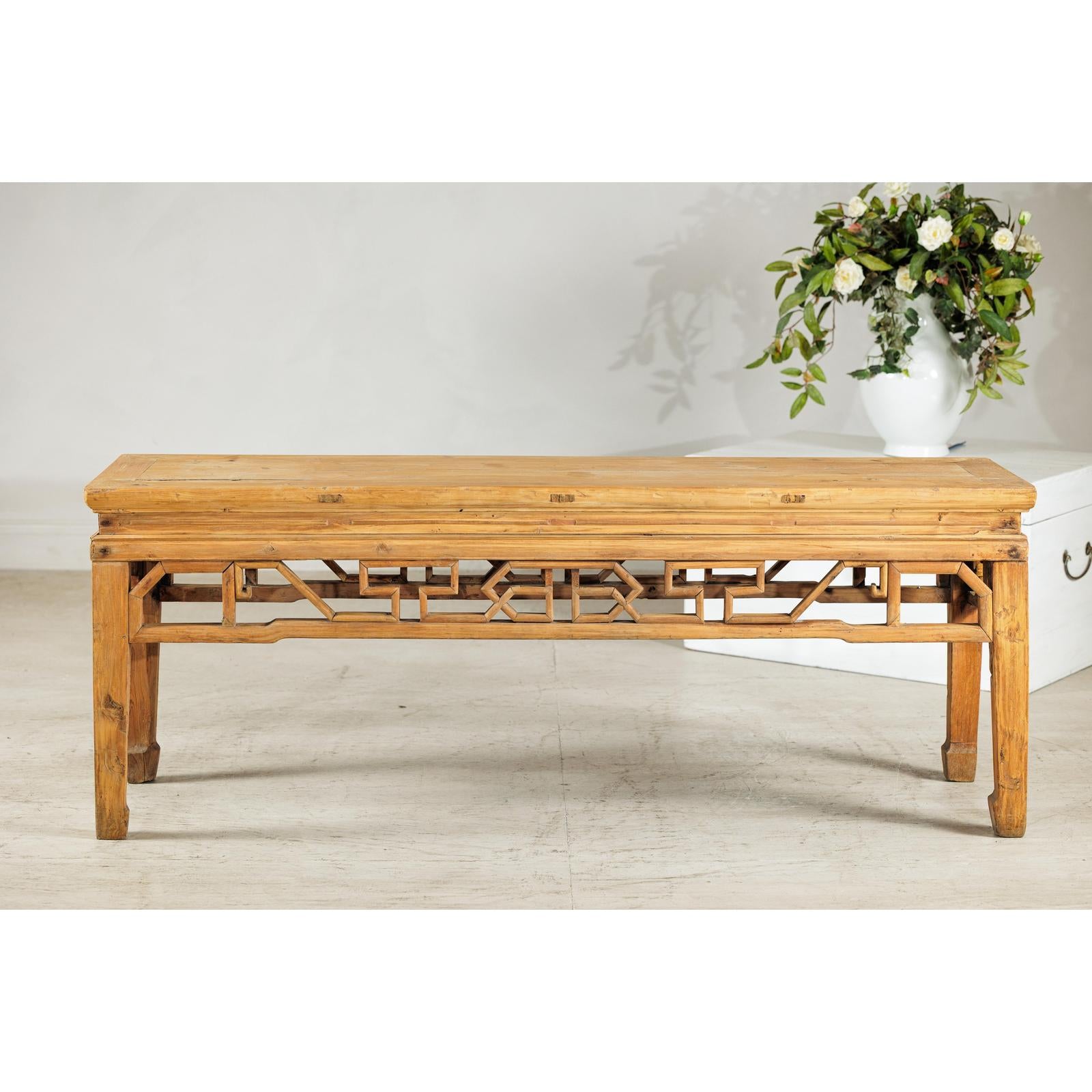 Vintage Rustic Low Table with Geometric Carved Fretwork Apron-14. Asian &amp; Chinese Furniture, Art, Antiques, Vintage Home Décor for sale at FEA Home