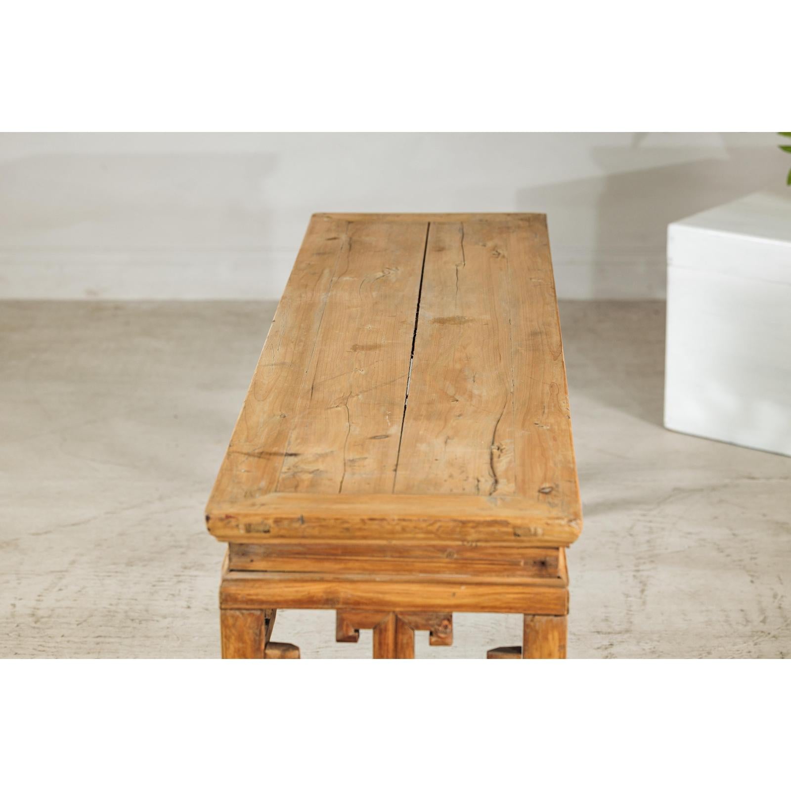 Vintage Rustic Low Table with Geometric Carved Fretwork Apron-16. Asian &amp; Chinese Furniture, Art, Antiques, Vintage Home Décor for sale at FEA Home