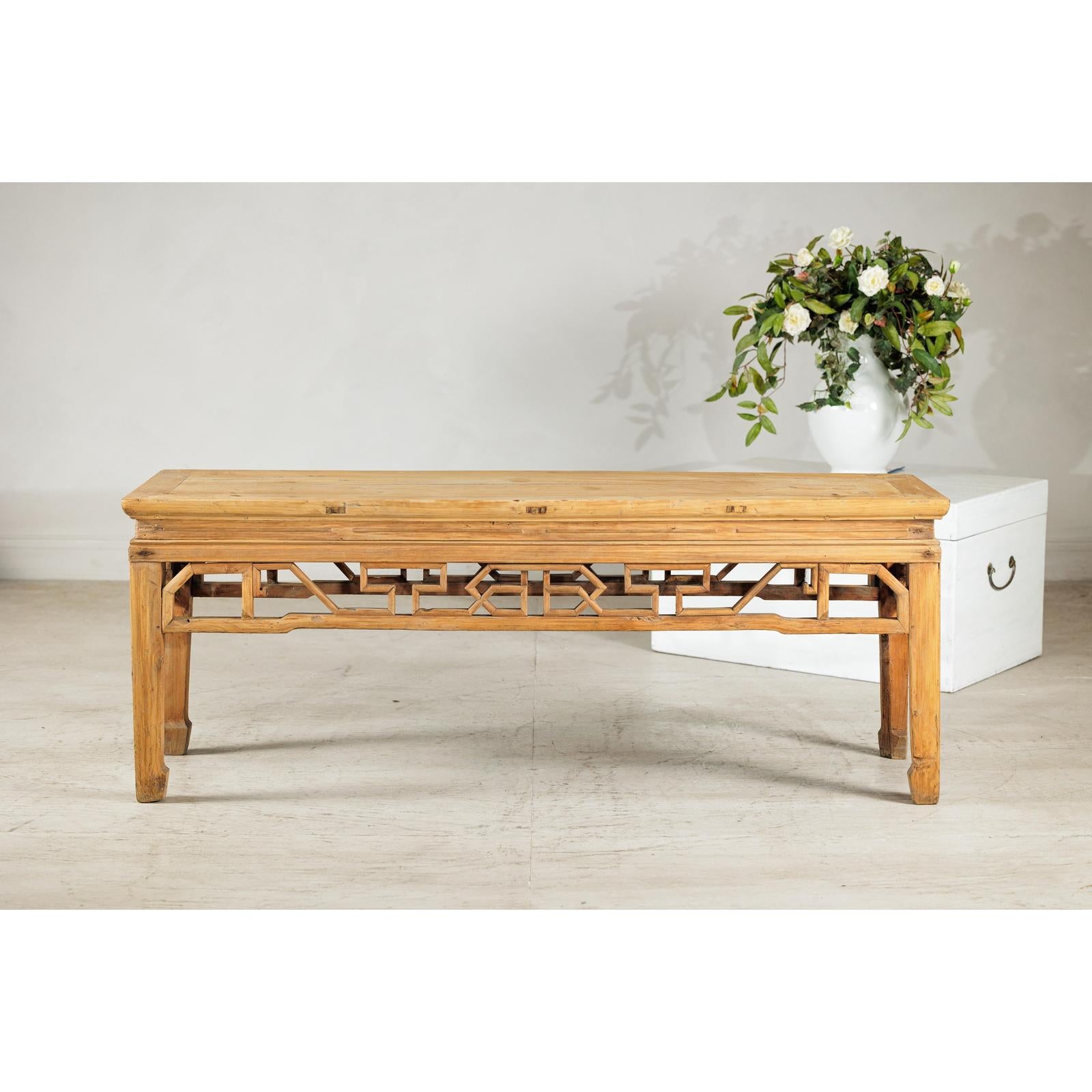Vintage Rustic Low Table with Geometric Carved Apron | FEA Home