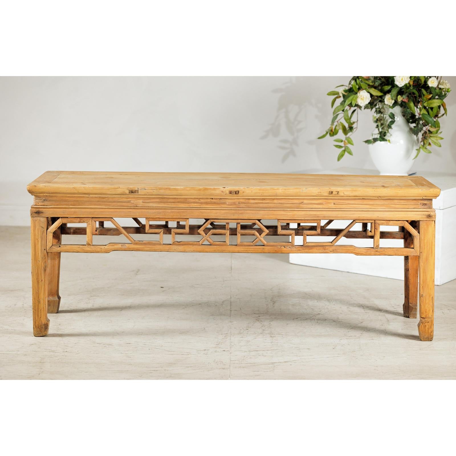 Vintage Rustic Low Table with Geometric Carved Fretwork Apron-3. Asian &amp; Chinese Furniture, Art, Antiques, Vintage Home Décor for sale at FEA Home